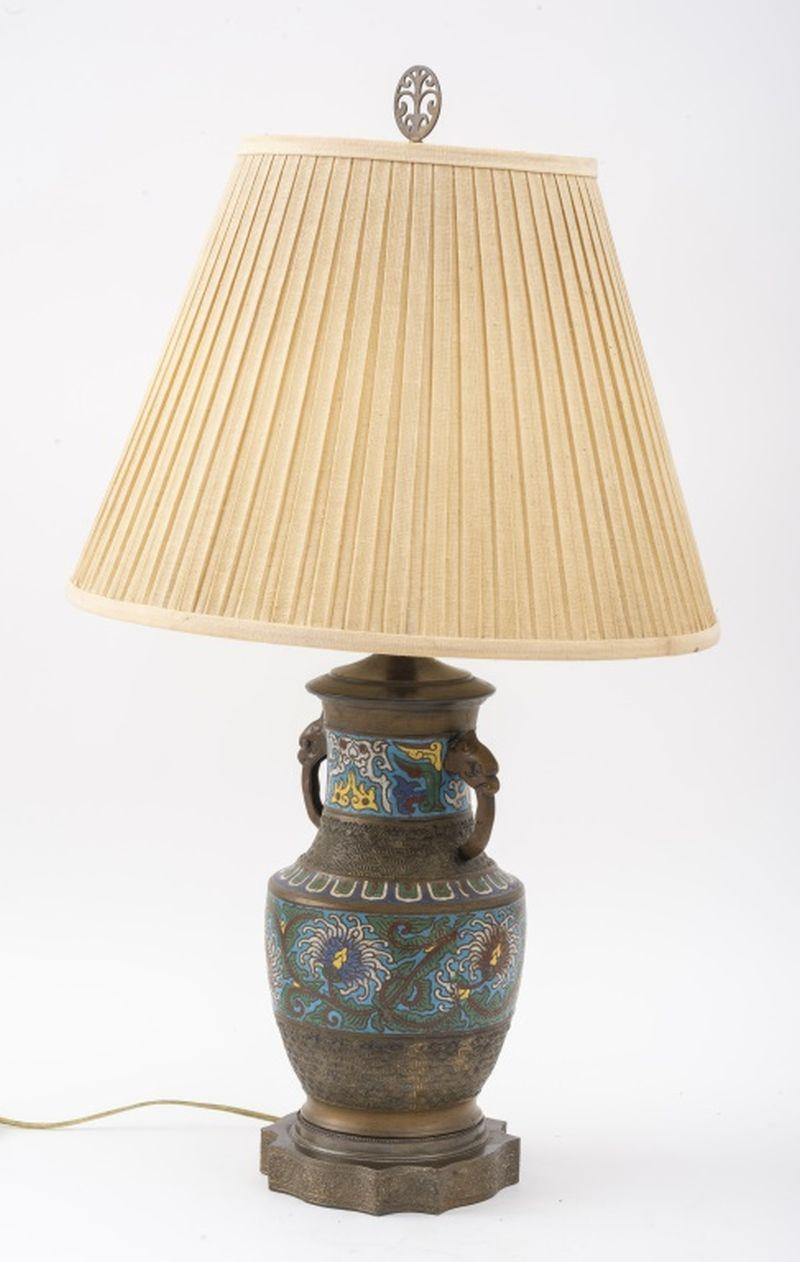 Chinese Cloisonne Two Handled Urn Mounted as a Table Lamp, chrysanthemum motif, figural creature handles. 30.5