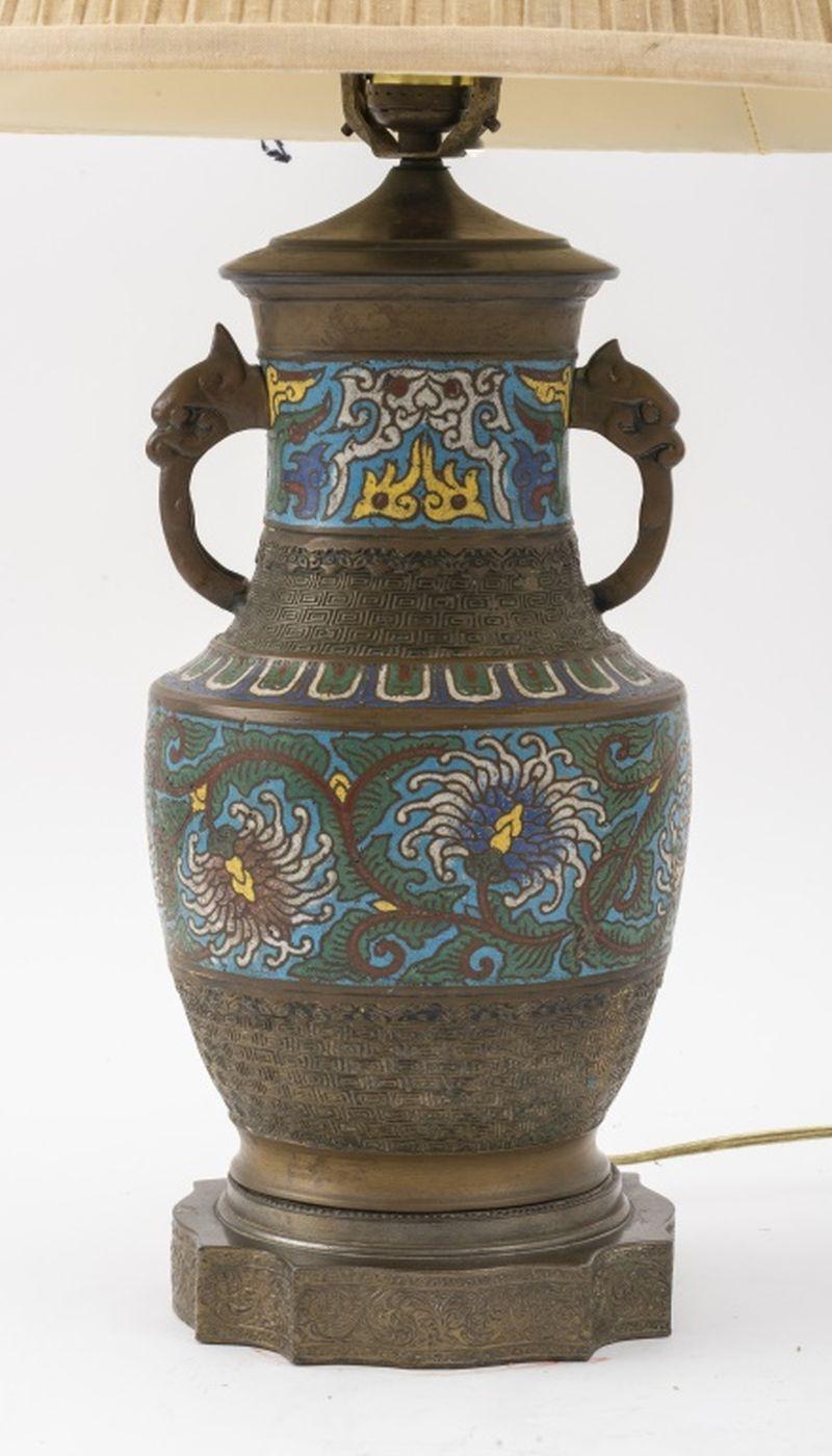 20th Century Chinese Cloisonne Two Handled Urn Mounted as Lamp For Sale