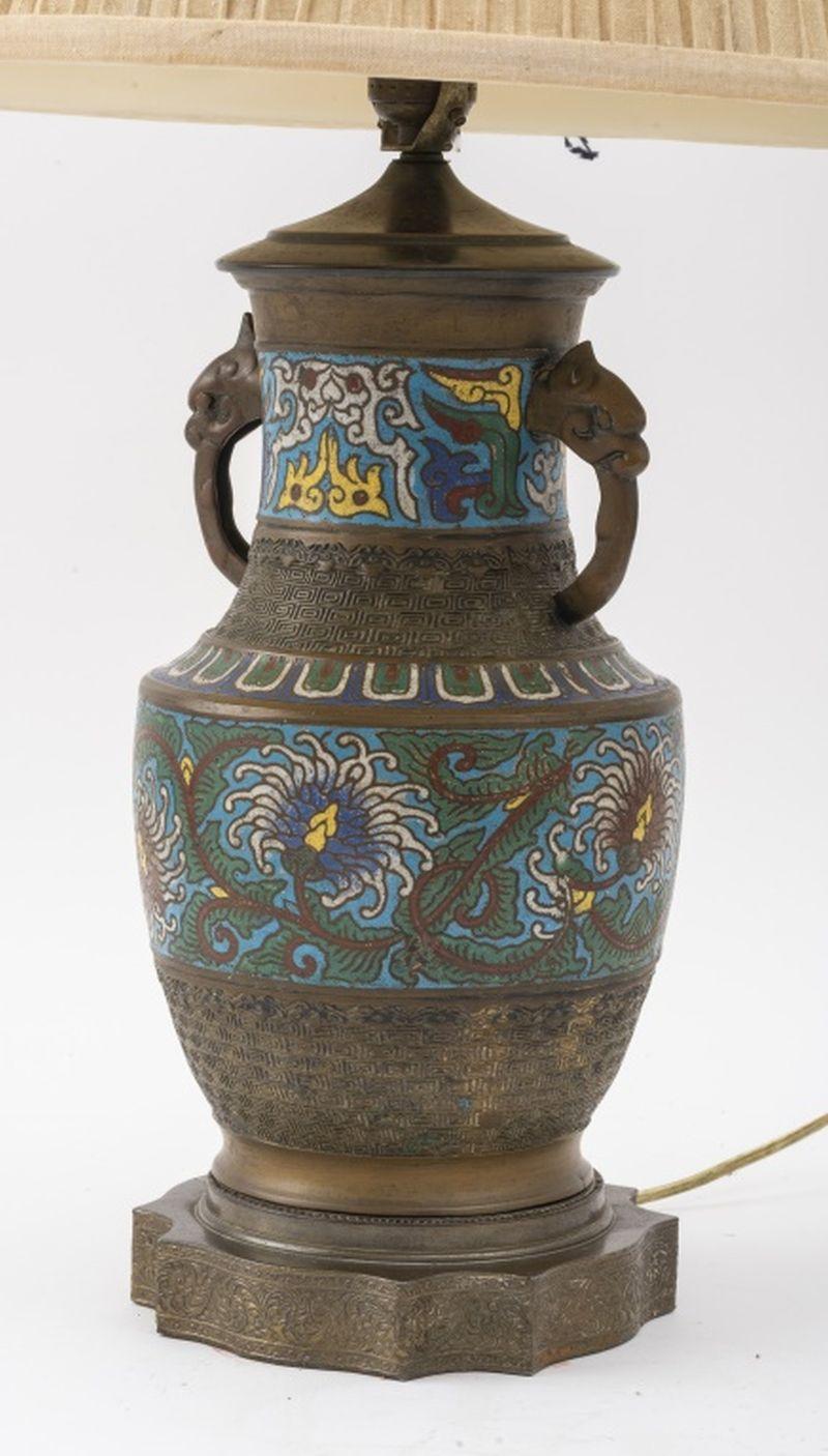 Metal Chinese Cloisonne Two Handled Urn Mounted as Lamp For Sale