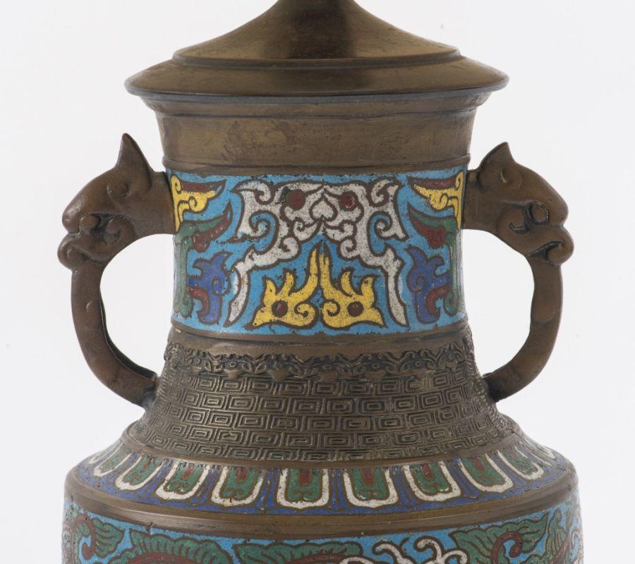 Chinese Cloisonne Two Handled Urn Mounted as Lamp For Sale 1
