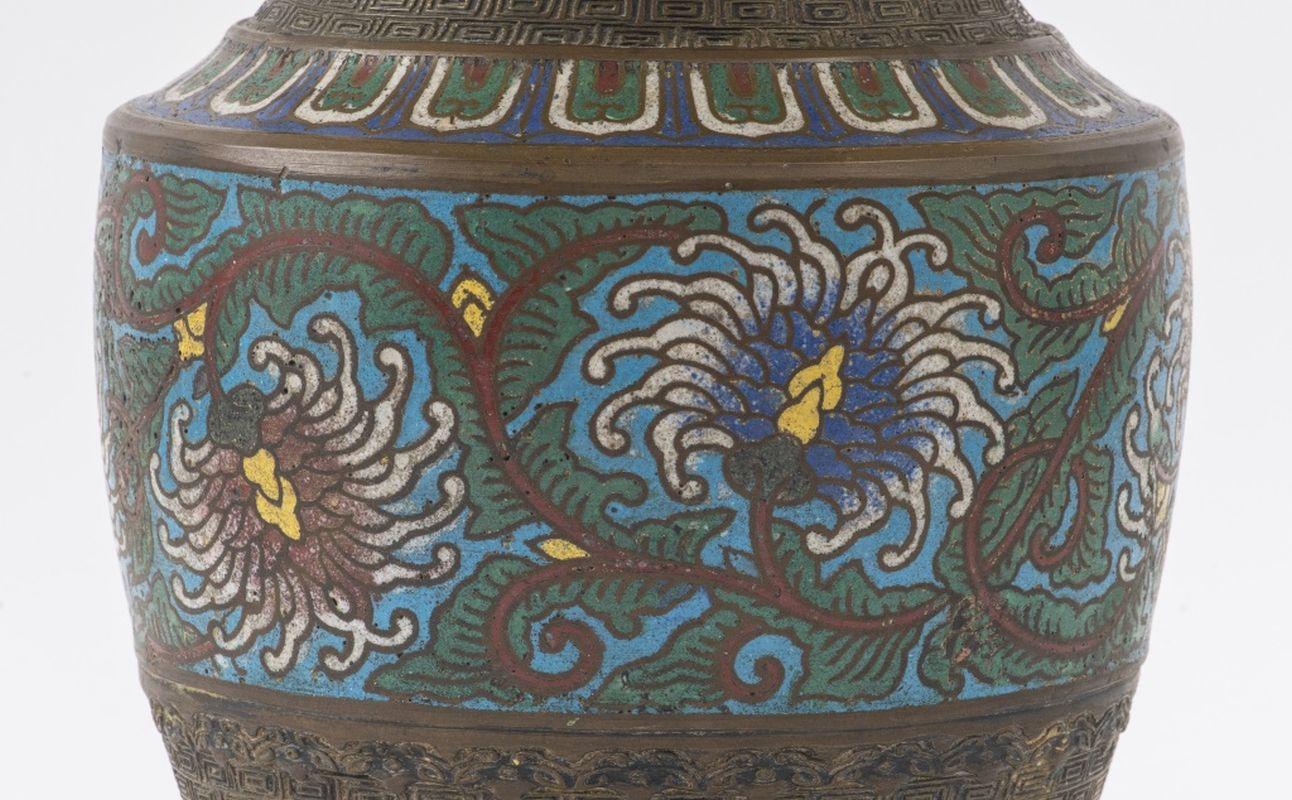 Chinese Cloisonne Two Handled Urn Mounted as Lamp For Sale 2