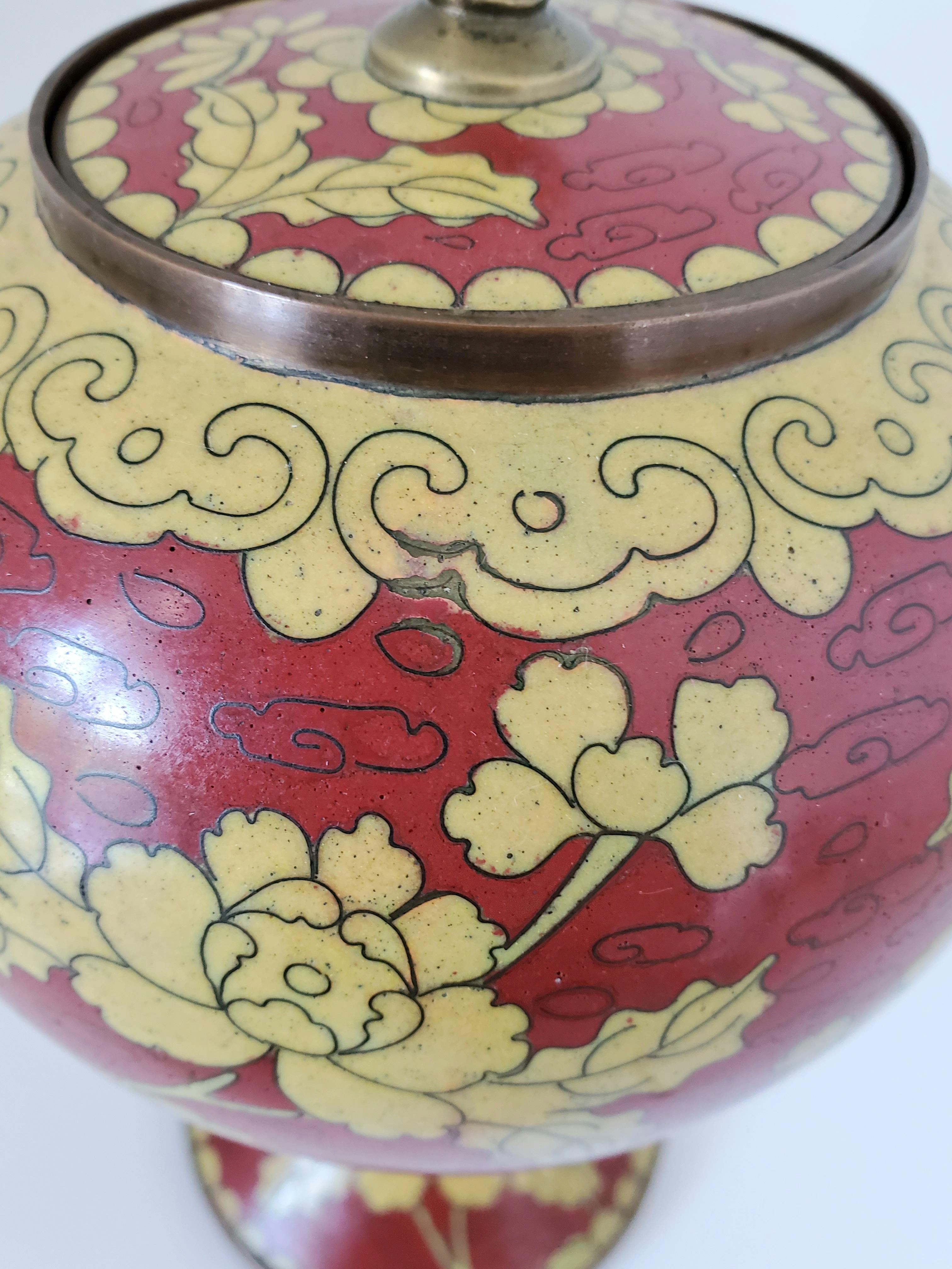 19th Century Chinese Cloisonné Urn or Lidded Vase Red with Yellow Floral Motif 3