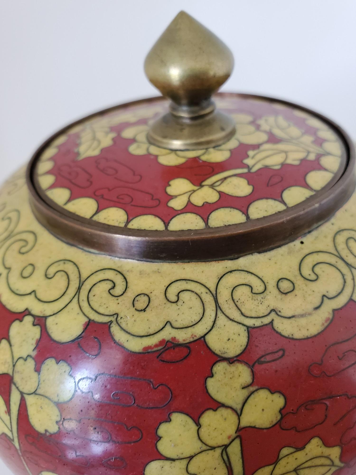 19th Century Chinese Cloisonné Urn or Lidded Vase Red with Yellow Floral Motif 4