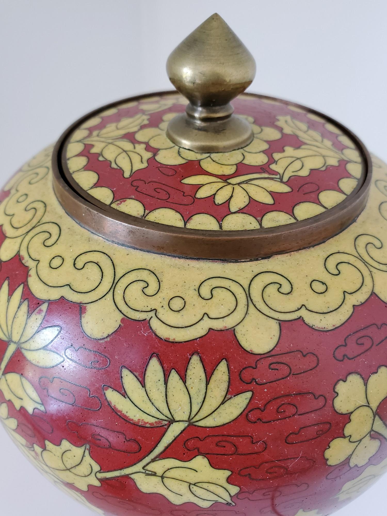 19th Century Chinese Cloisonné Urn or Lidded Vase Red with Yellow Floral Motif 5
