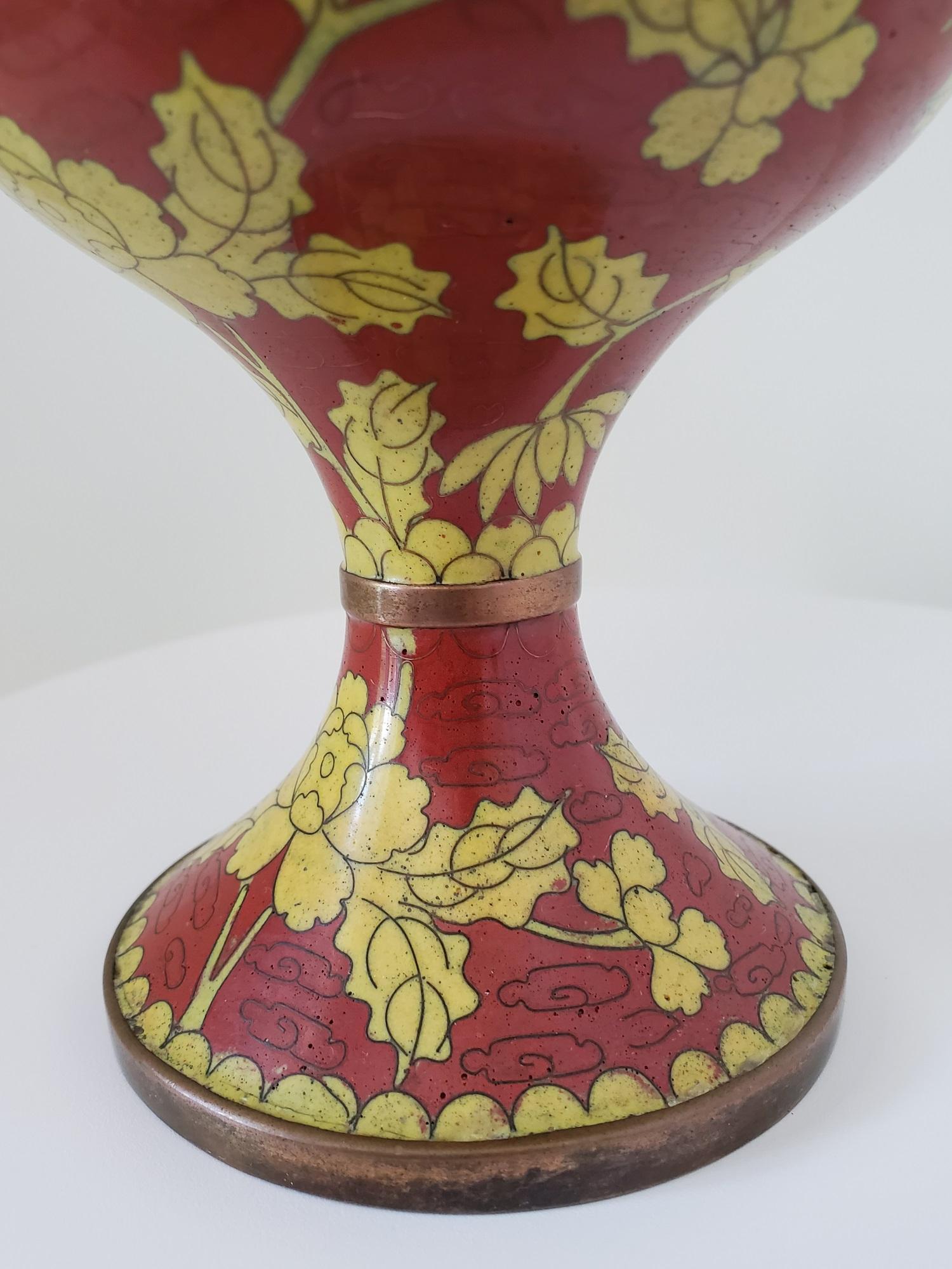 19th Century Chinese Cloisonné Urn or Lidded Vase Red with Yellow Floral Motif 6