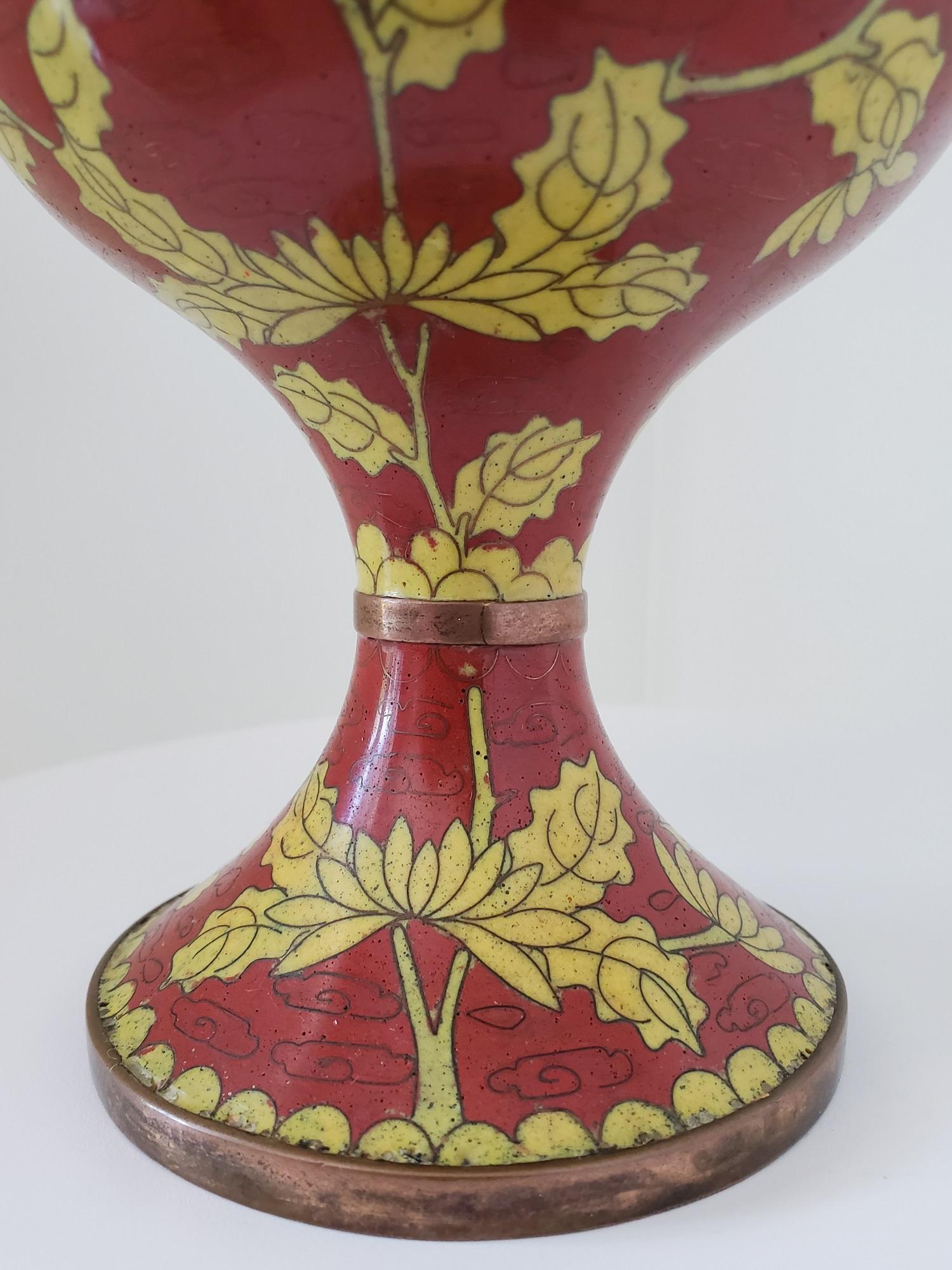19th Century Chinese Cloisonné Urn or Lidded Vase Red with Yellow Floral Motif 7