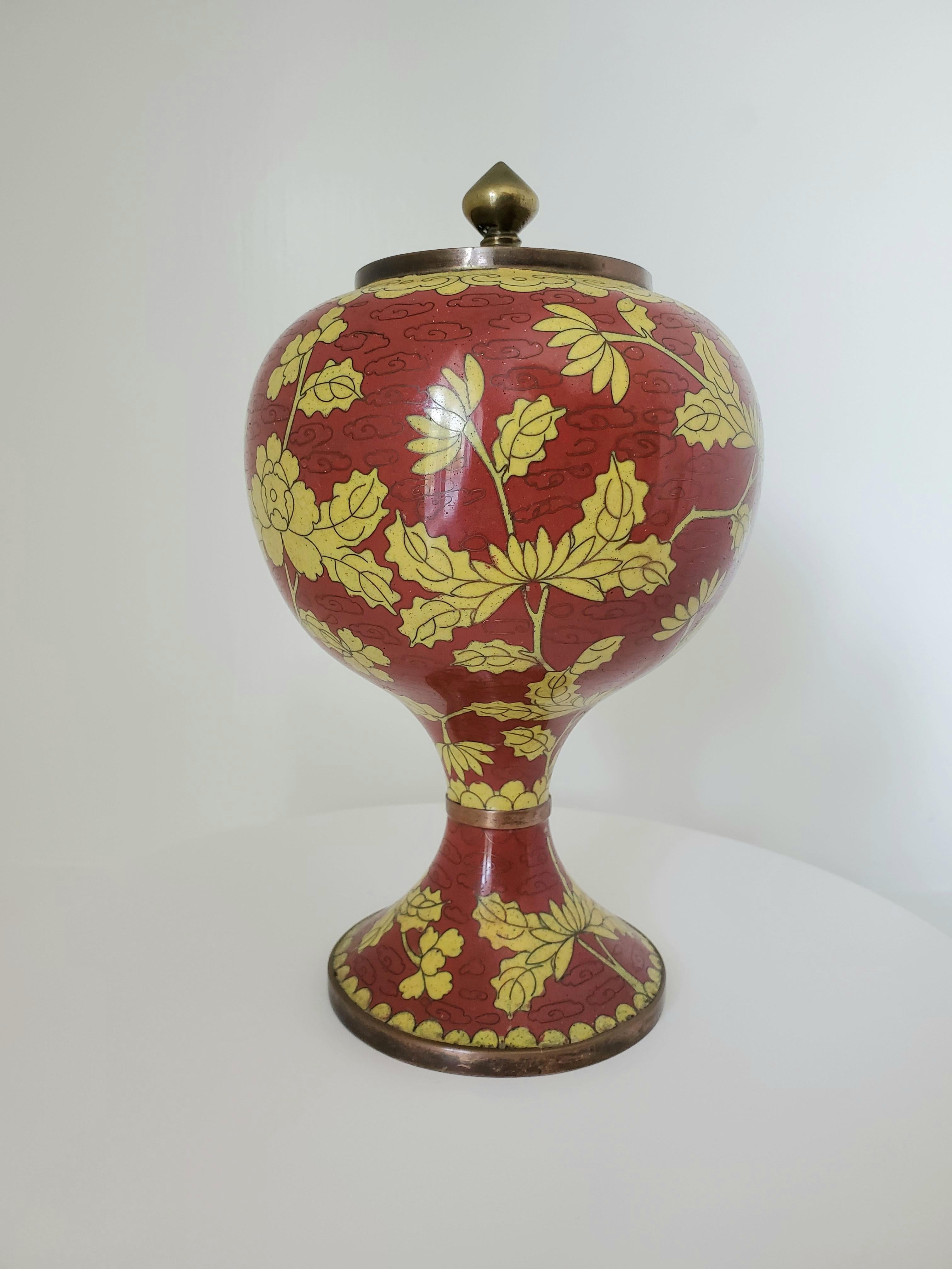 Qing 19th Century Chinese Cloisonné Urn or Lidded Vase Red with Yellow Floral Motif
