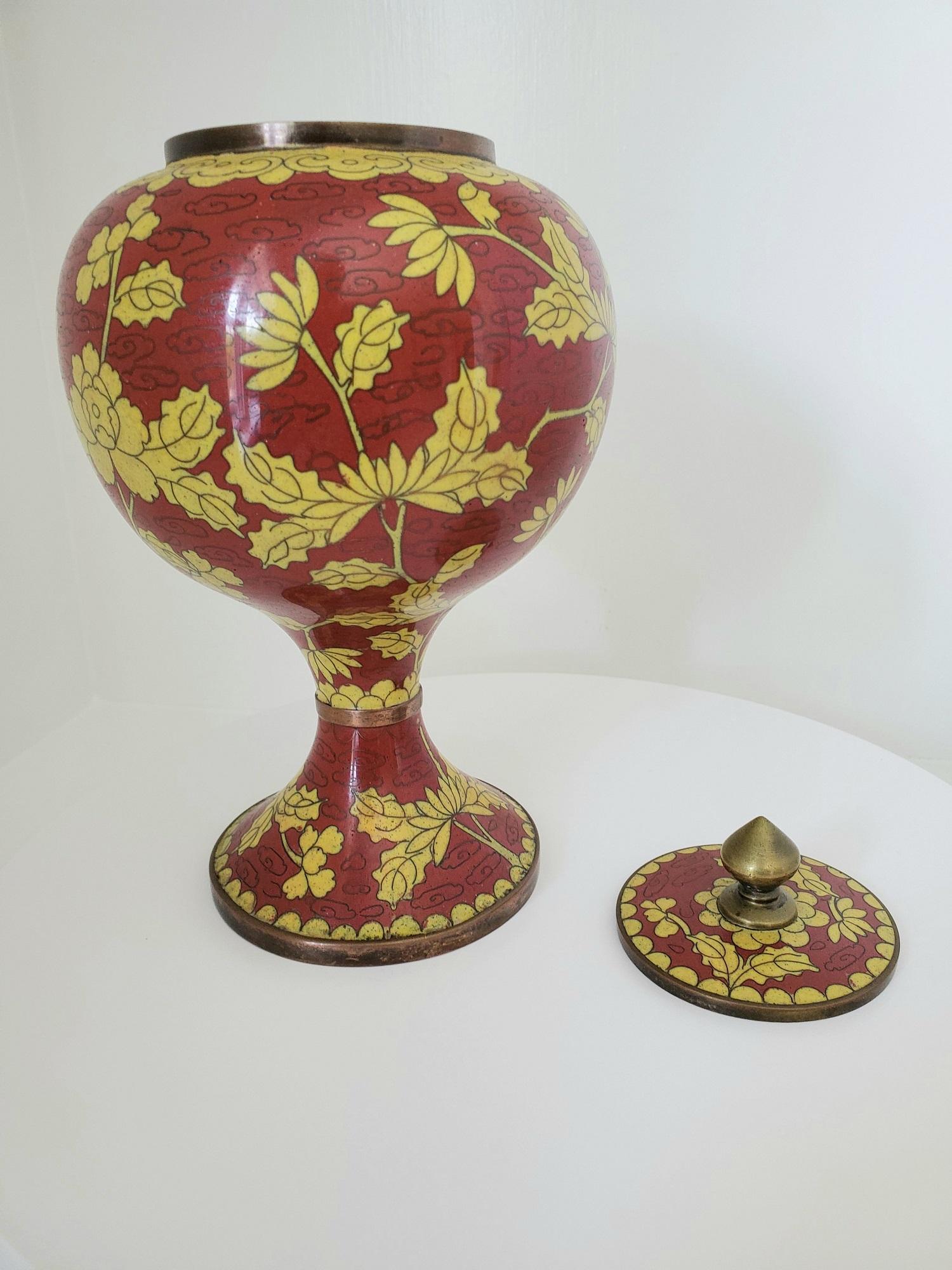 Hand-Crafted 19th Century Chinese Cloisonné Urn or Lidded Vase Red with Yellow Floral Motif
