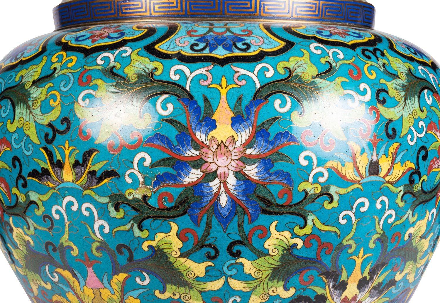 Hand-Painted Chinese Cloisonné vase/ lamp, circa 1880 For Sale