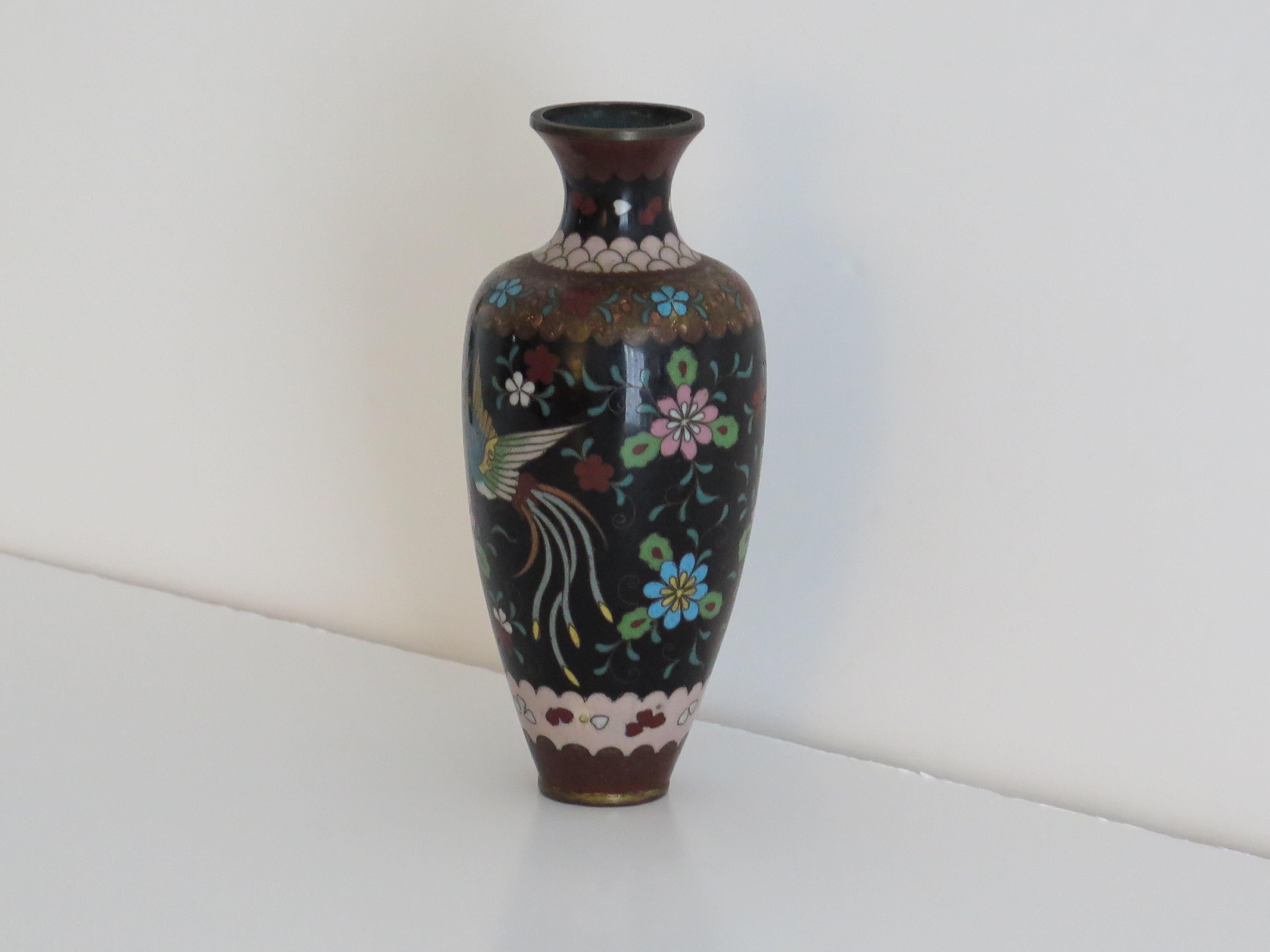 Ceramic Chinese Cloisonné Vase on Bronze with Phoenixes,  19th Century Qing period  For Sale