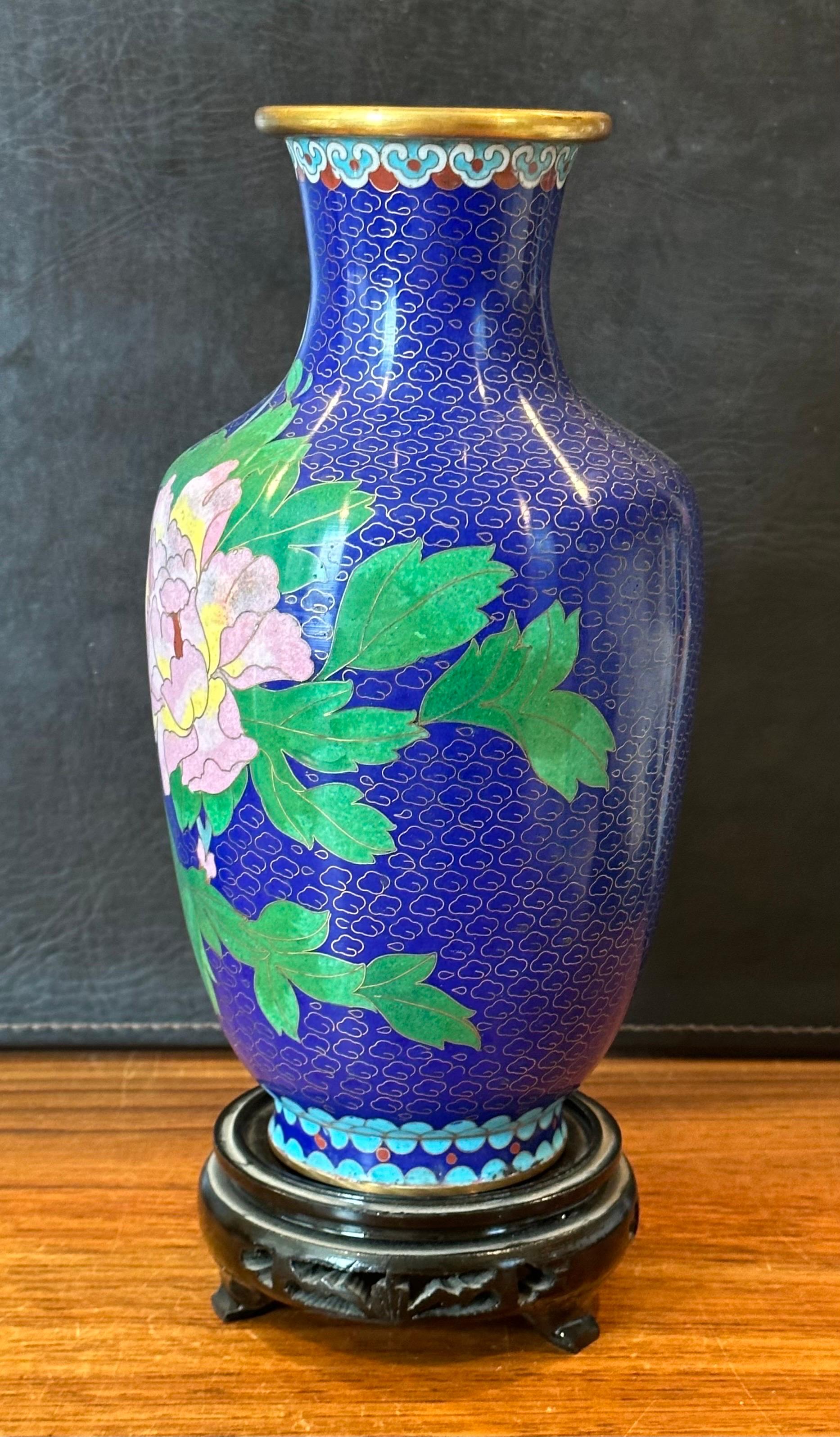 Brass Chinese Cloisonne Vase on Stand with Floral Motif For Sale