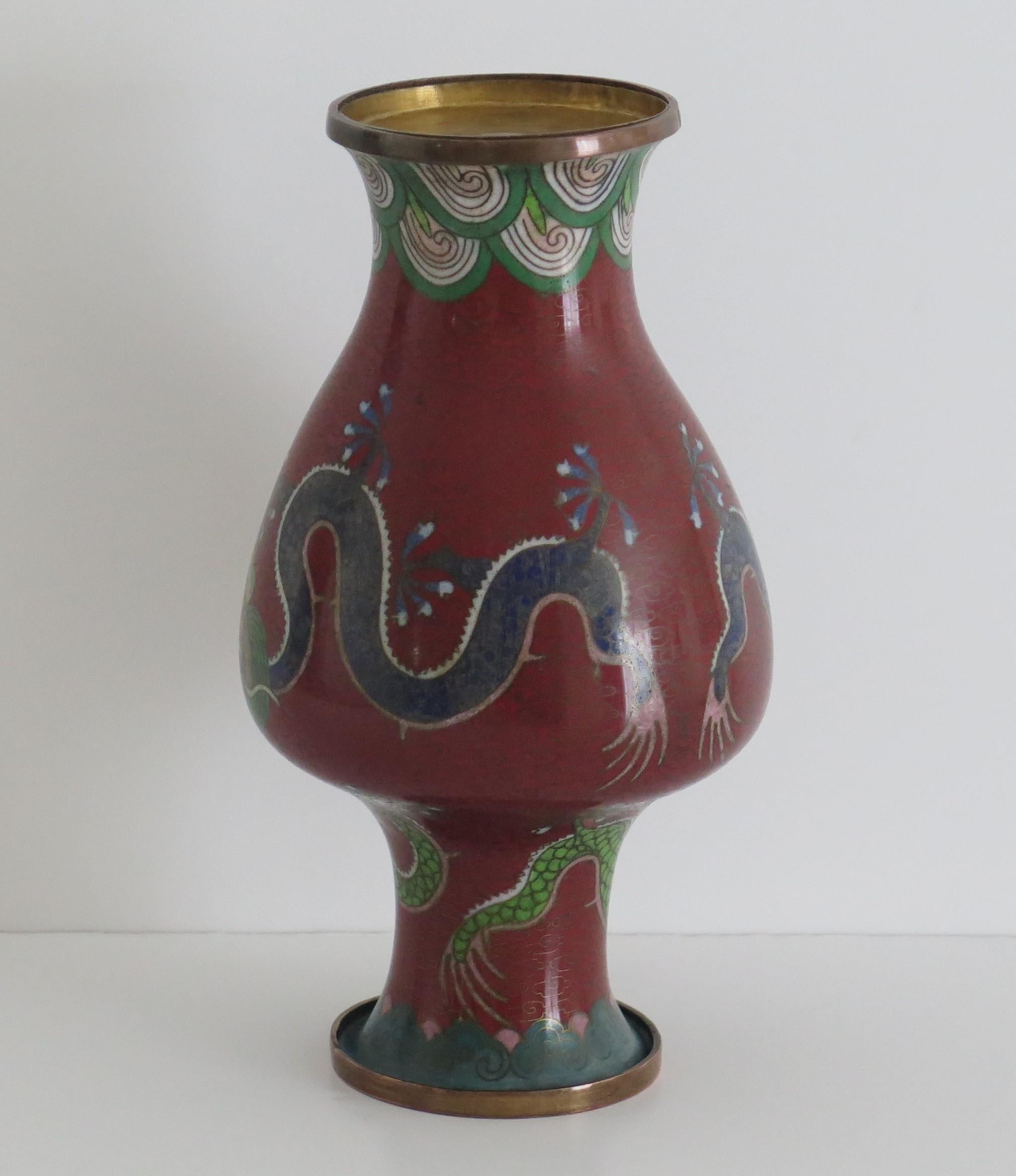 Chinese Cloisonné Vase with three Dragons chasing a flaming pearl, Circa 1920s  For Sale 3