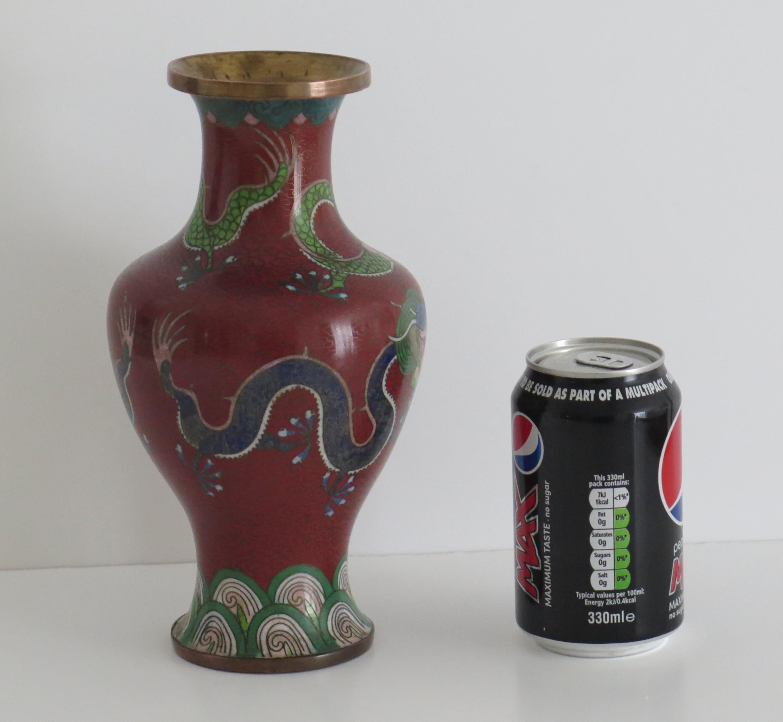 Chinese Cloisonné Vase with three Dragons chasing a flaming pearl, Circa 1920s  For Sale 4