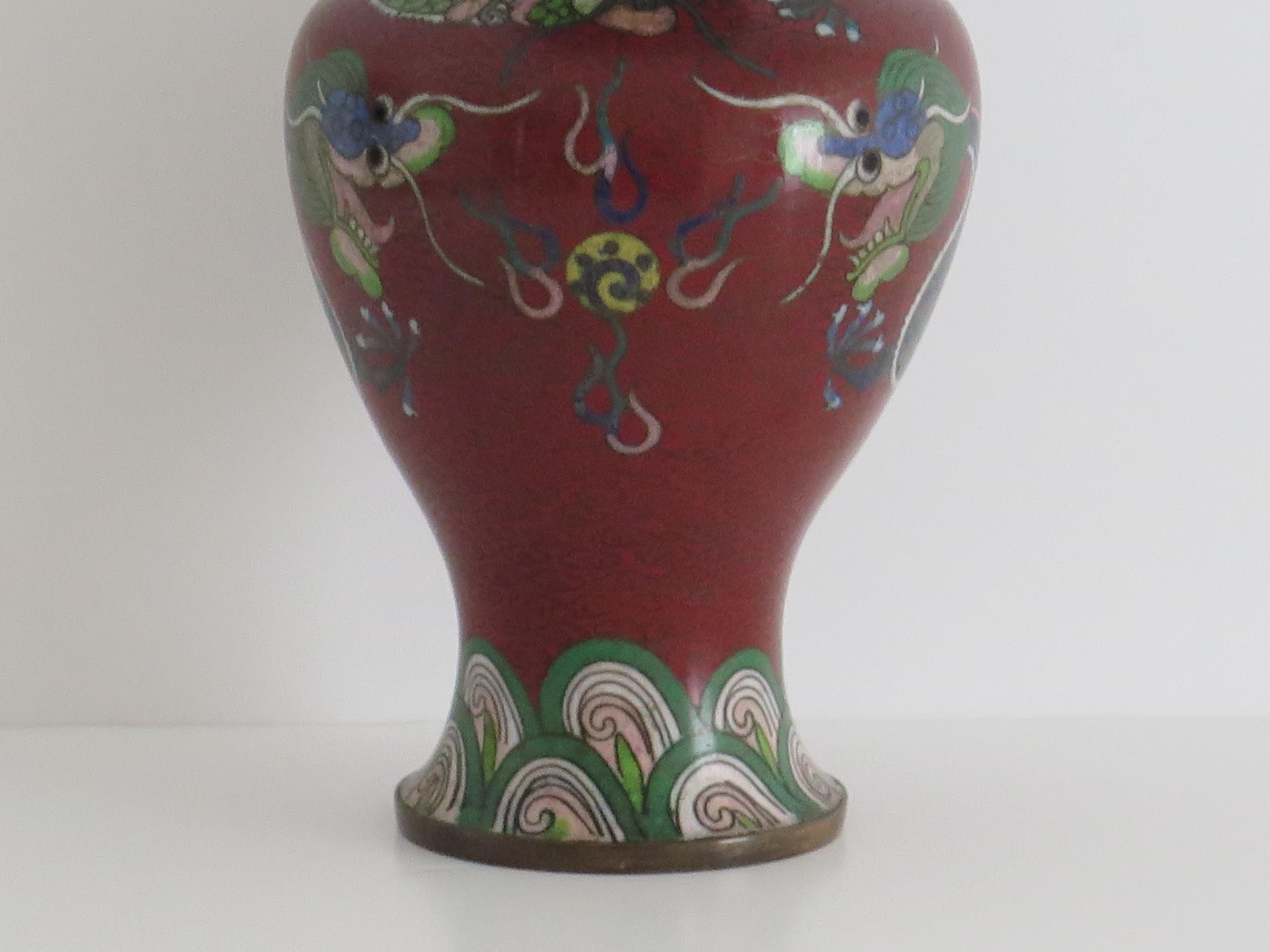 Qing Chinese Cloisonné Vase with three Dragons chasing a flaming pearl, Circa 1920s