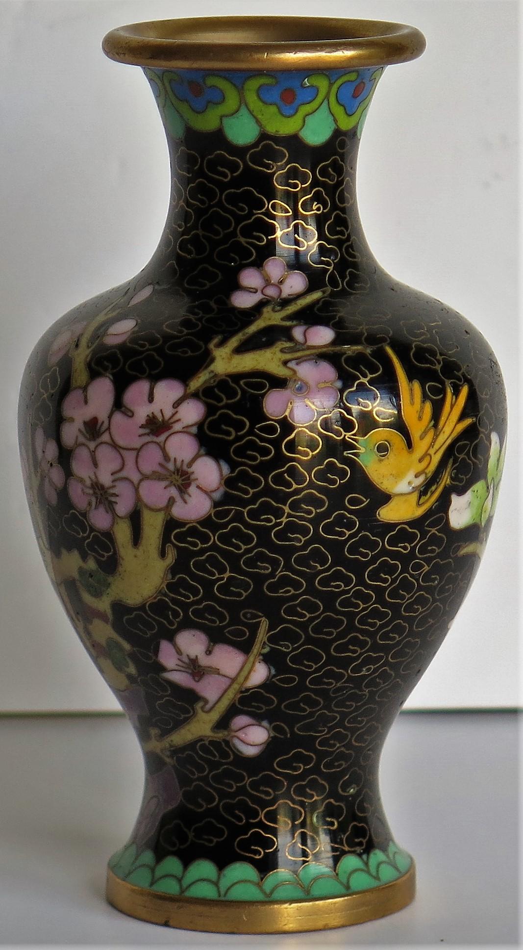 Qing Chinese Cloisonne Vase with Yellow Bird and Blossoms, circa 1940