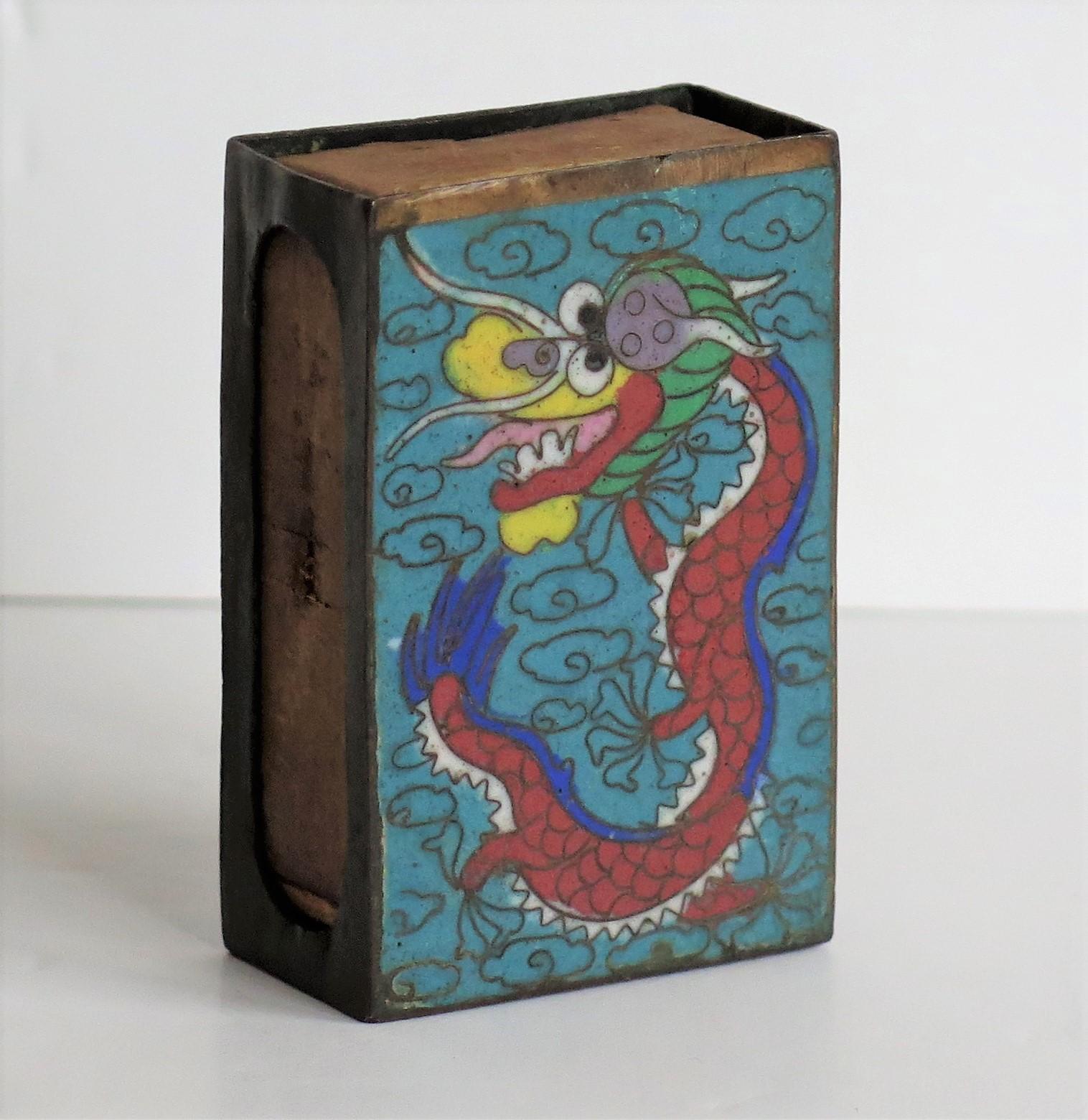 This is a good Chinese Cloisonné Vesta match case with a sliding match box that we date to the later half of the 19th century of the Qing dynasty.

The Vesta case is rectangular with an end opening having a sliding wooden match box. The sides have