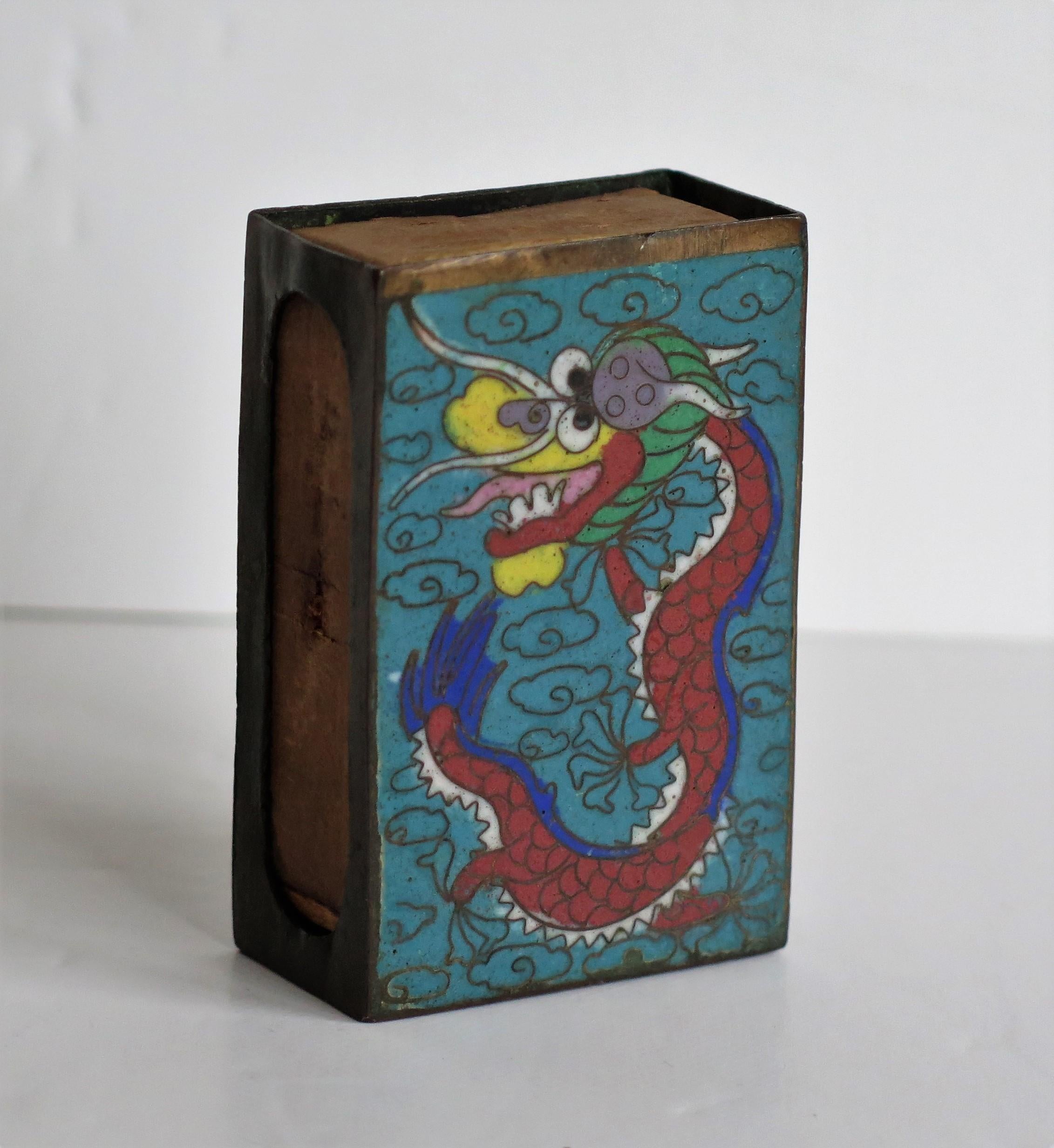 Qing Chinese Cloisonne Vesta Match Case with Dragon and Pearl design, 19th Century