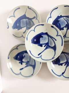 Chinese Cobalt Blue and Celadon Bowls, Set of Eight