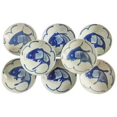 Chinese Cobalt Blue and Celadon Bowls, Set of Eight
