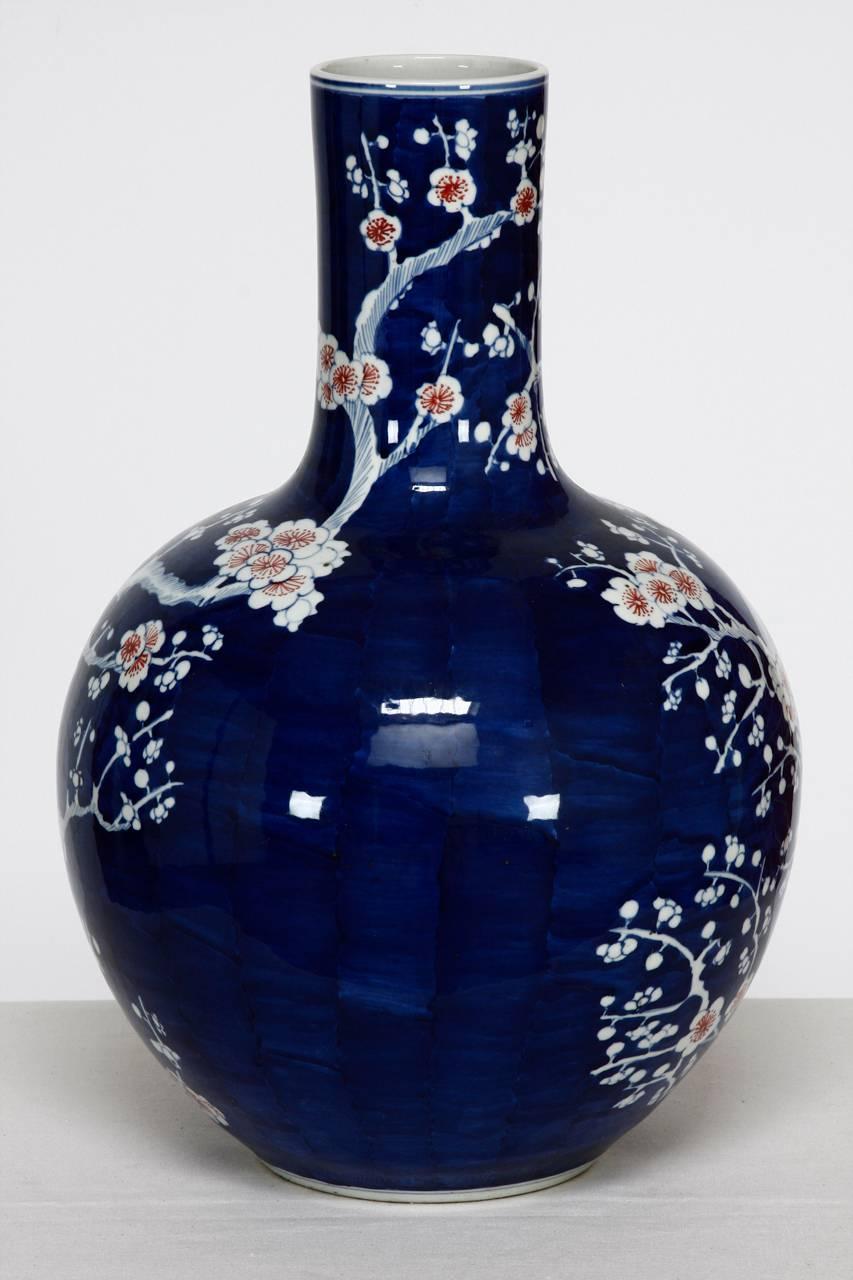 Chinese Export Chinese Cobalt Blue and White Stick Neck Prunus Vase