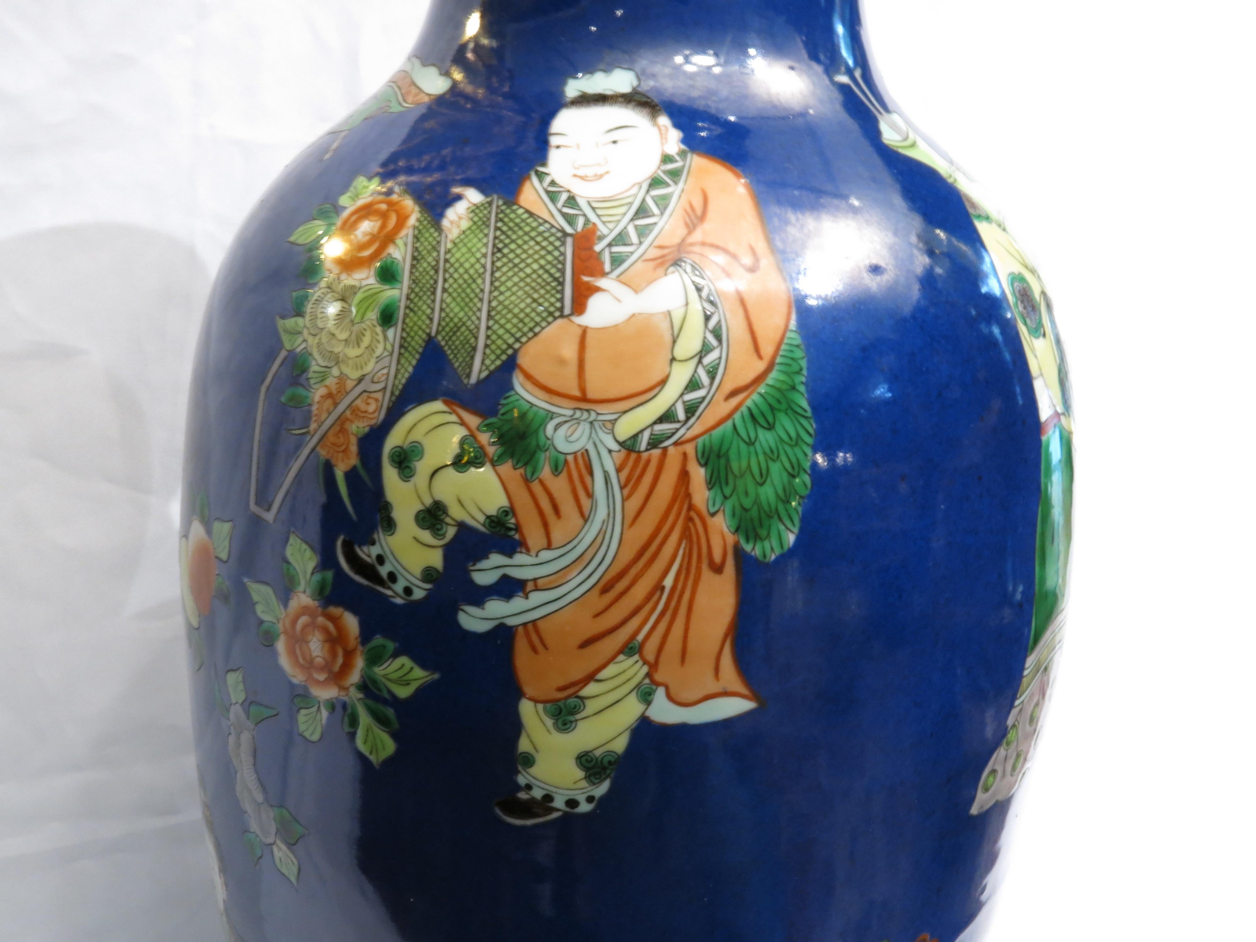 Chinese Cobalt Ground Polychrome Enameled Porcelain Vase, 19th Century For Sale 1