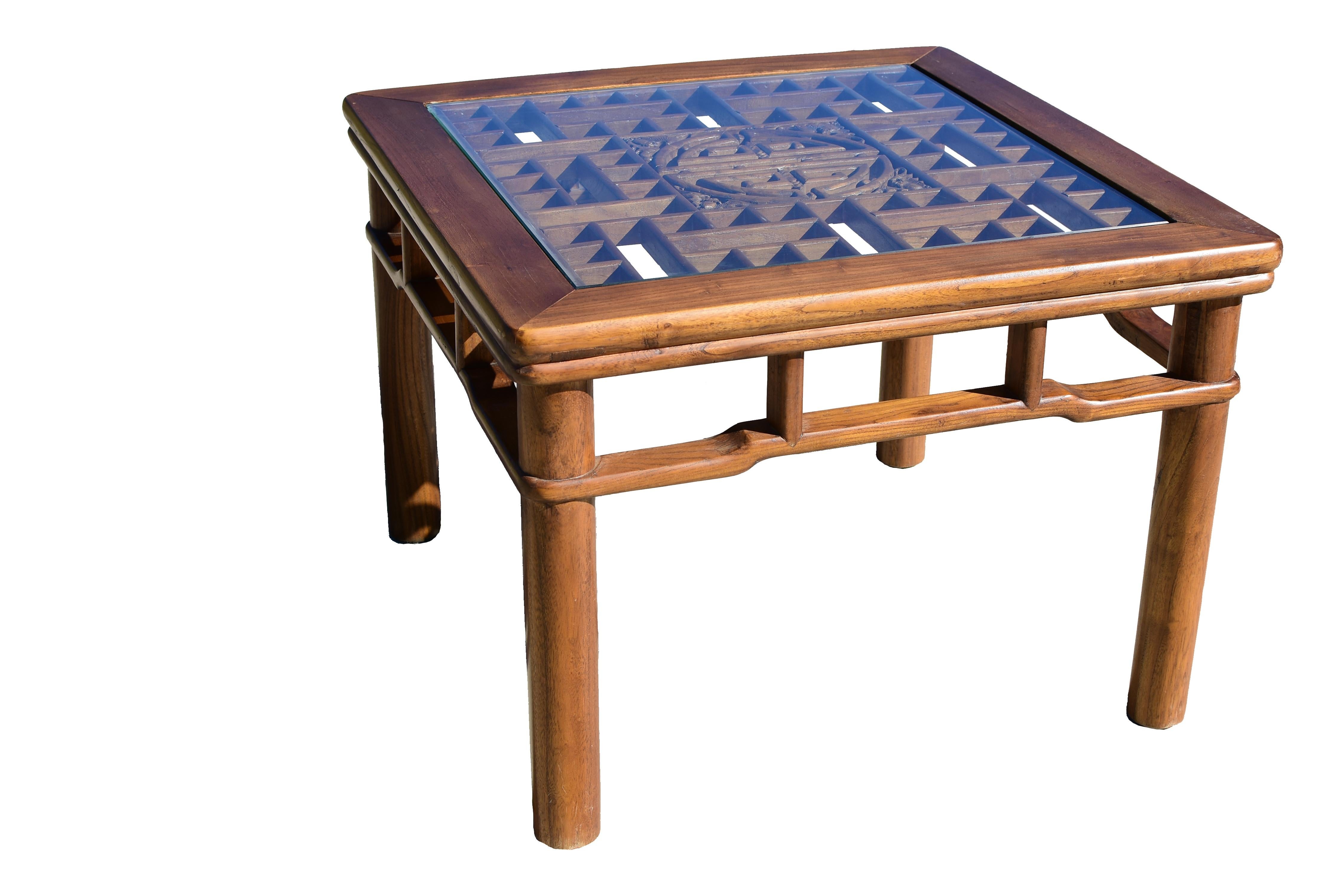 Chinese Coffee Table Side Table with Antique Longevity Screen For Sale