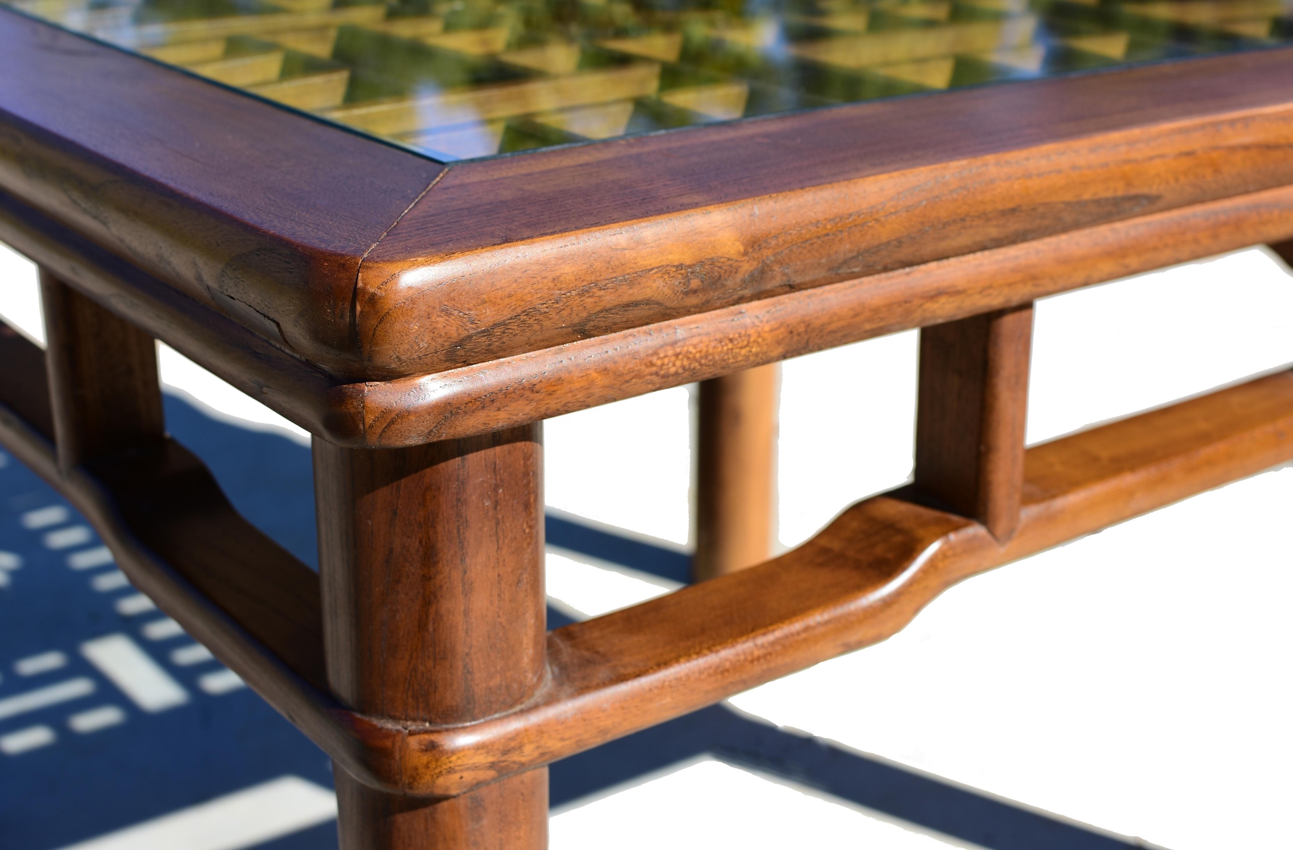 Wood Chinese Coffee Table Side Table with Antique Longevity Screen For Sale