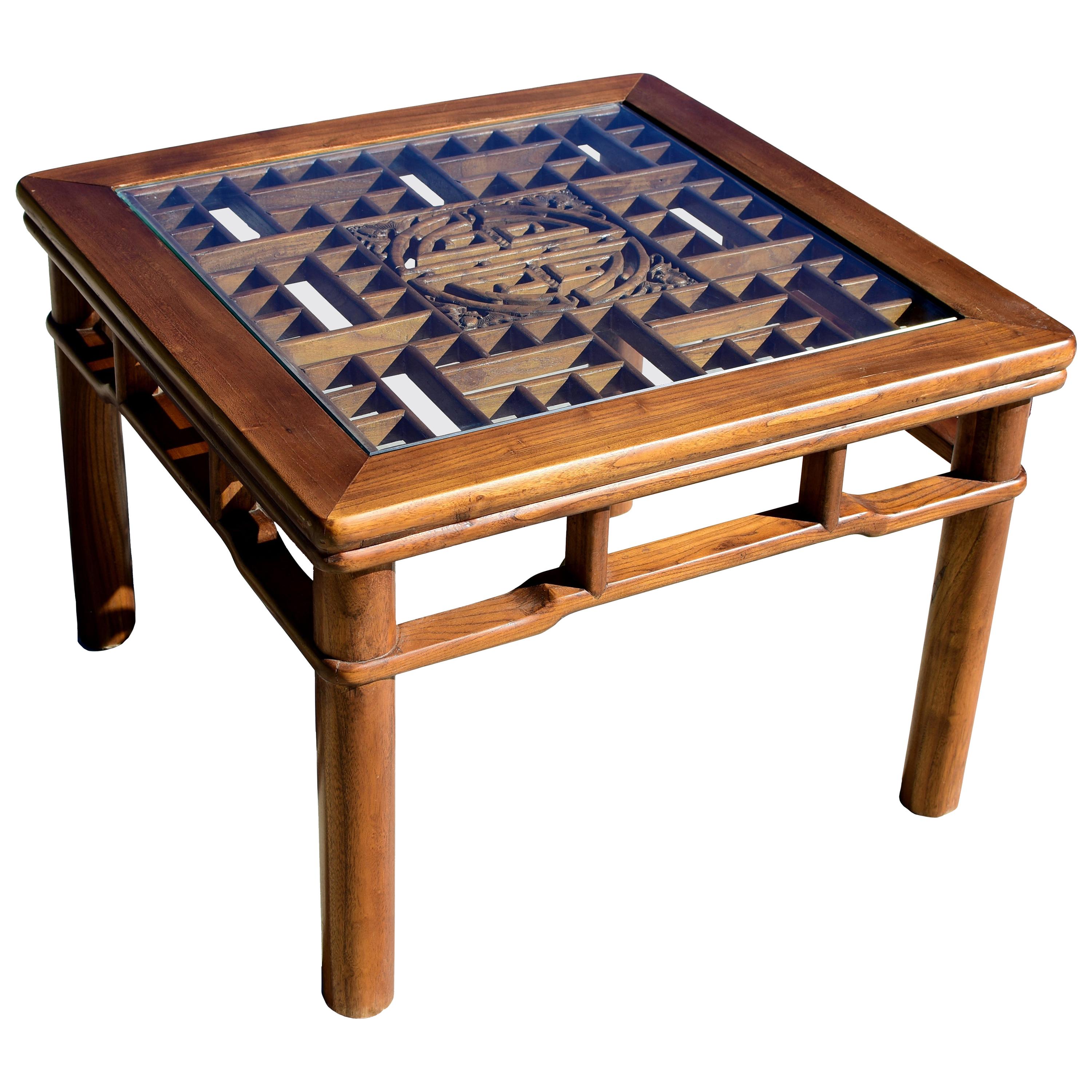 Chinese Coffee Table Side Table with Antique Longevity Screen