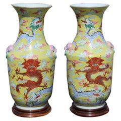 Chinese Colorful Yellow Base Qing Dynasty Porcelain Dragon Vases