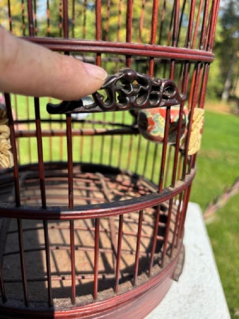 Chinese Complete Antique Handcarved Wood and Porcelain Bird Cage, Fine Details For Sale 4