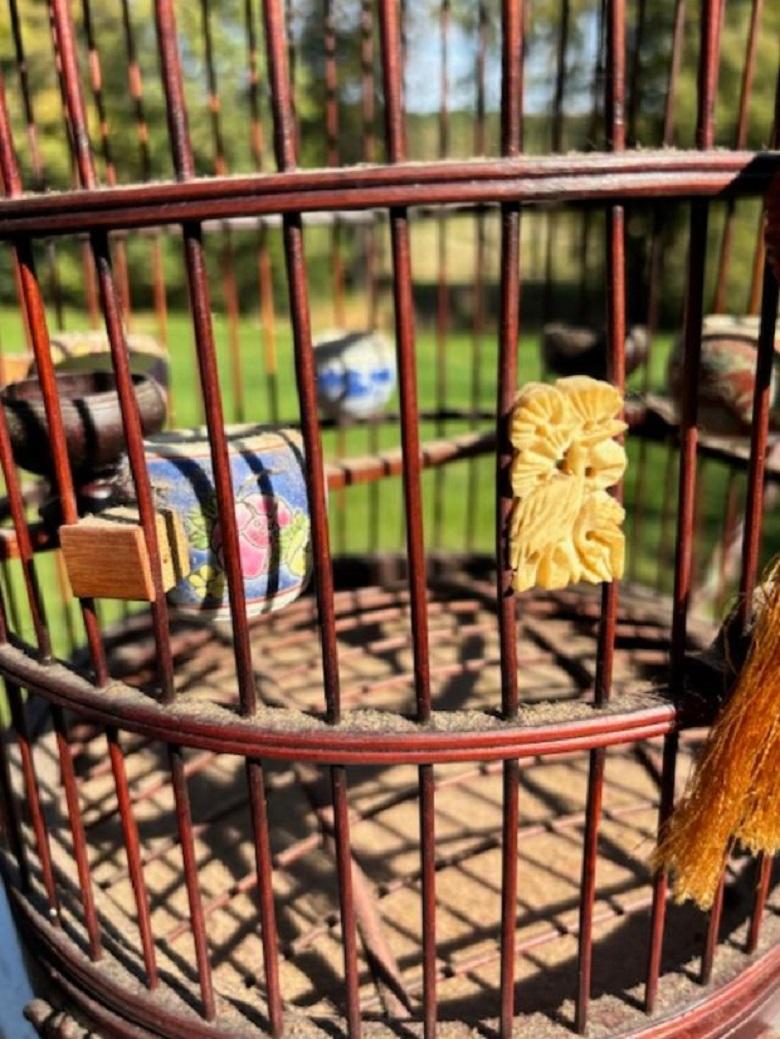 Chinese Complete Antique Handcarved Wood and Porcelain Bird Cage, Fine Details For Sale 5