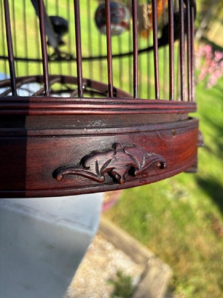 Chinese Complete Antique Handcarved Wood and Porcelain Bird Cage, Fine Details For Sale 6