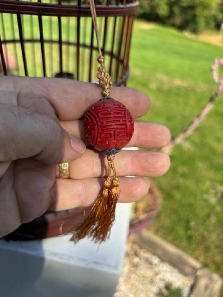 Chinese Complete Antique Handcarved Wood and Porcelain Bird Cage, Fine Details For Sale 7