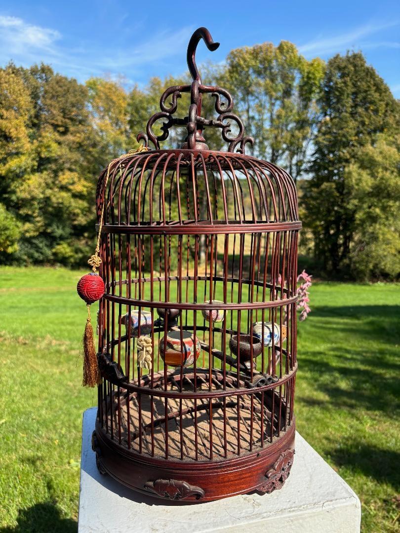 Qing Chinese Complete Antique Handcarved Wood and Porcelain Bird Cage, Fine Details For Sale