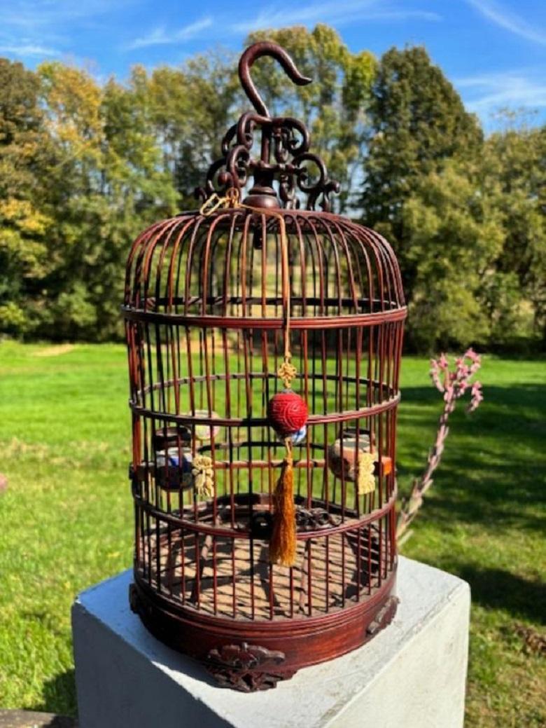 Chinese Complete Antique Handcarved Wood and Porcelain Bird Cage, Fine Details In Good Condition For Sale In South Burlington, VT