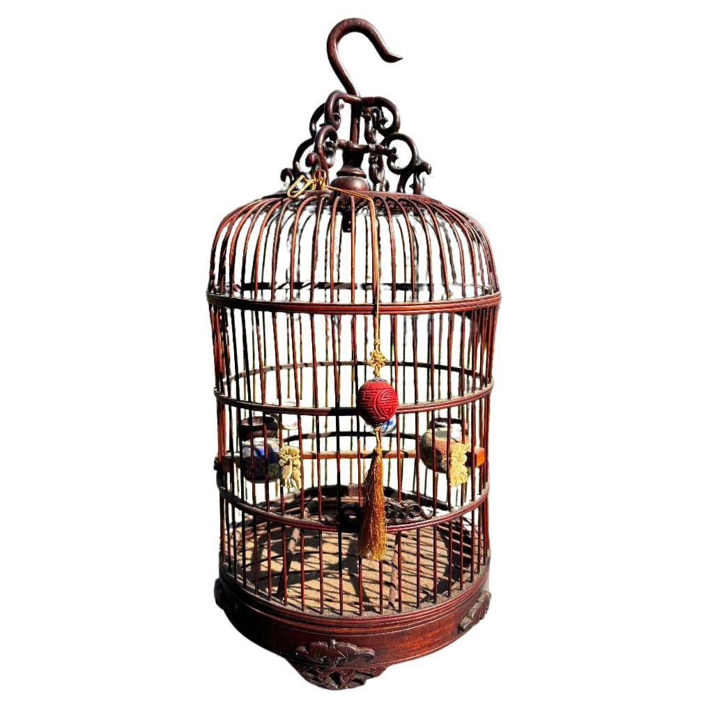 Chinese Complete Antique Handcarved Wood and Porcelain Bird Cage, Fine Details For Sale