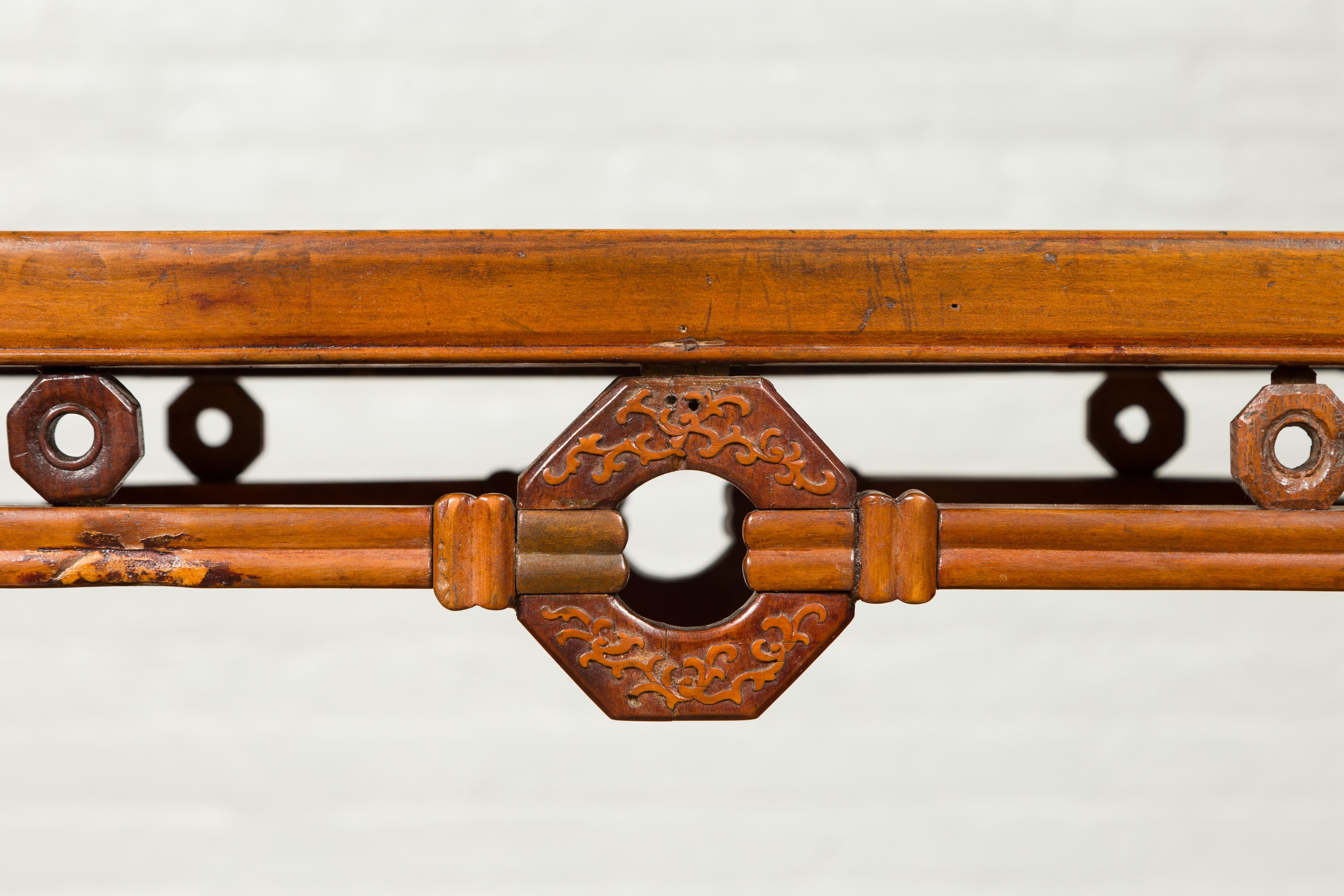 Carved Chinese Console Table with Humpback Apron, Coin Patterns and Horse hoof Legs
