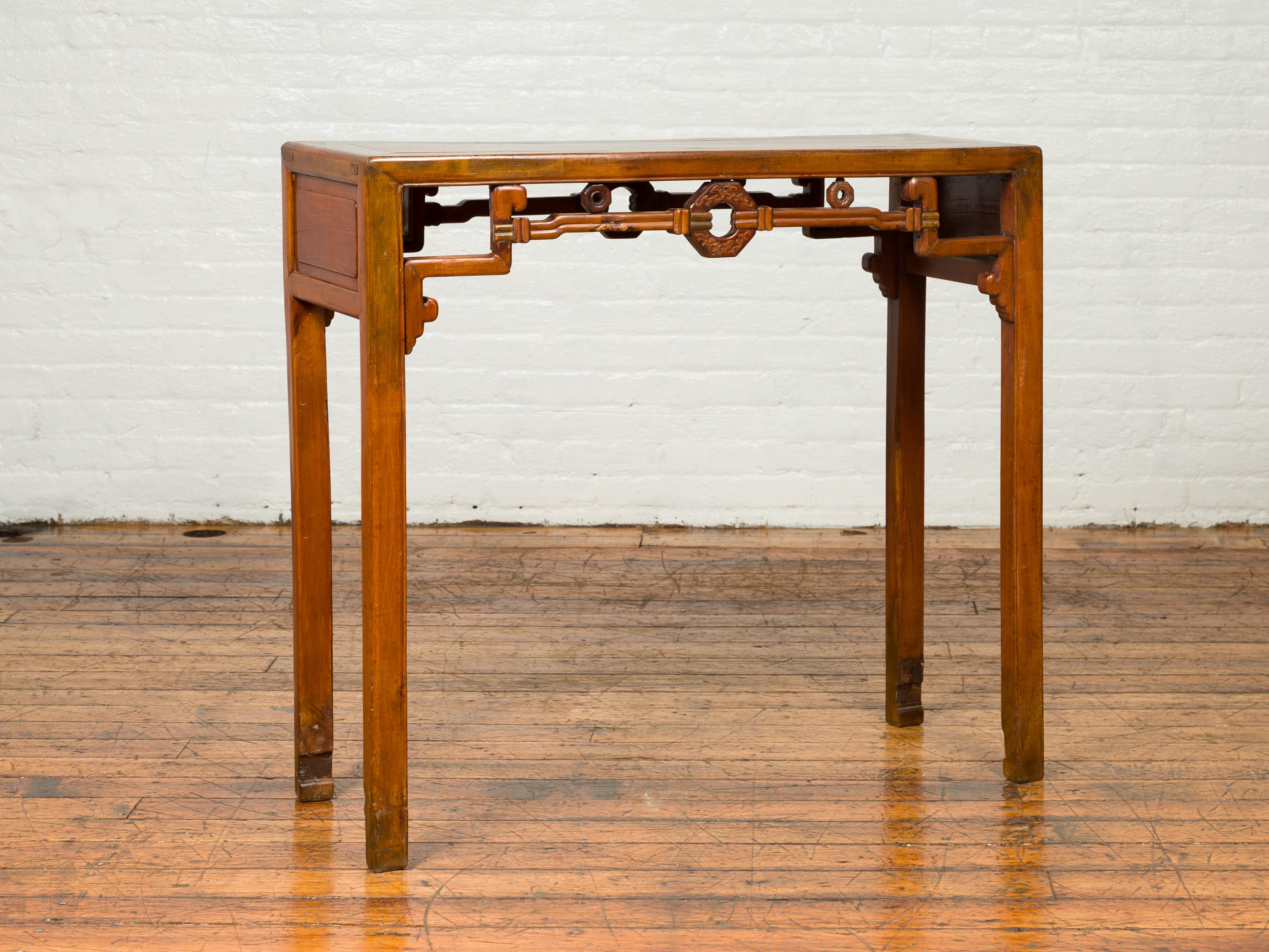 Chinese Console Table with Humpback Apron, Coin Patterns and Horse hoof Legs In Good Condition In Yonkers, NY