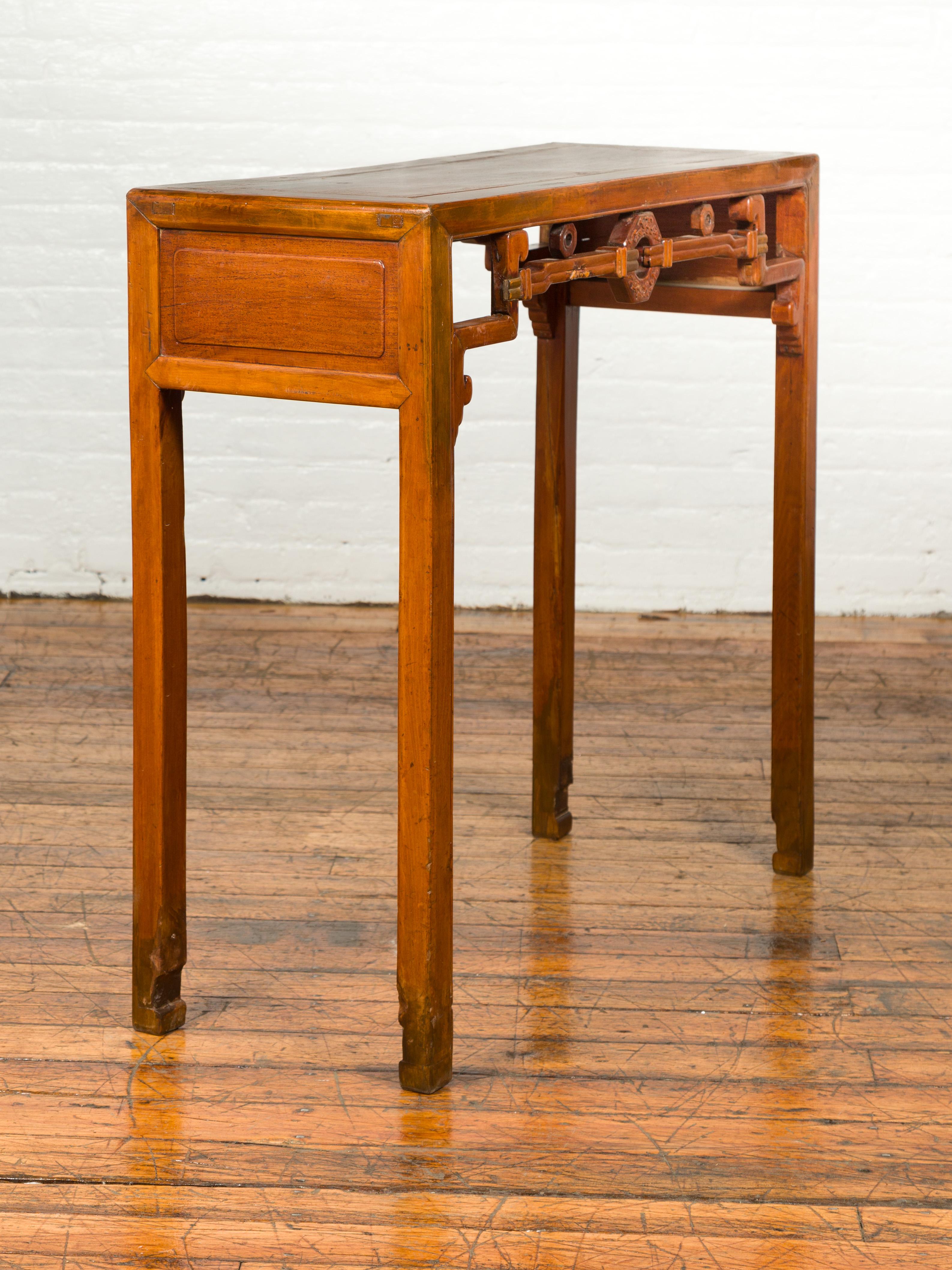 20th Century Chinese Console Table with Humpback Apron, Coin Patterns and Horse hoof Legs