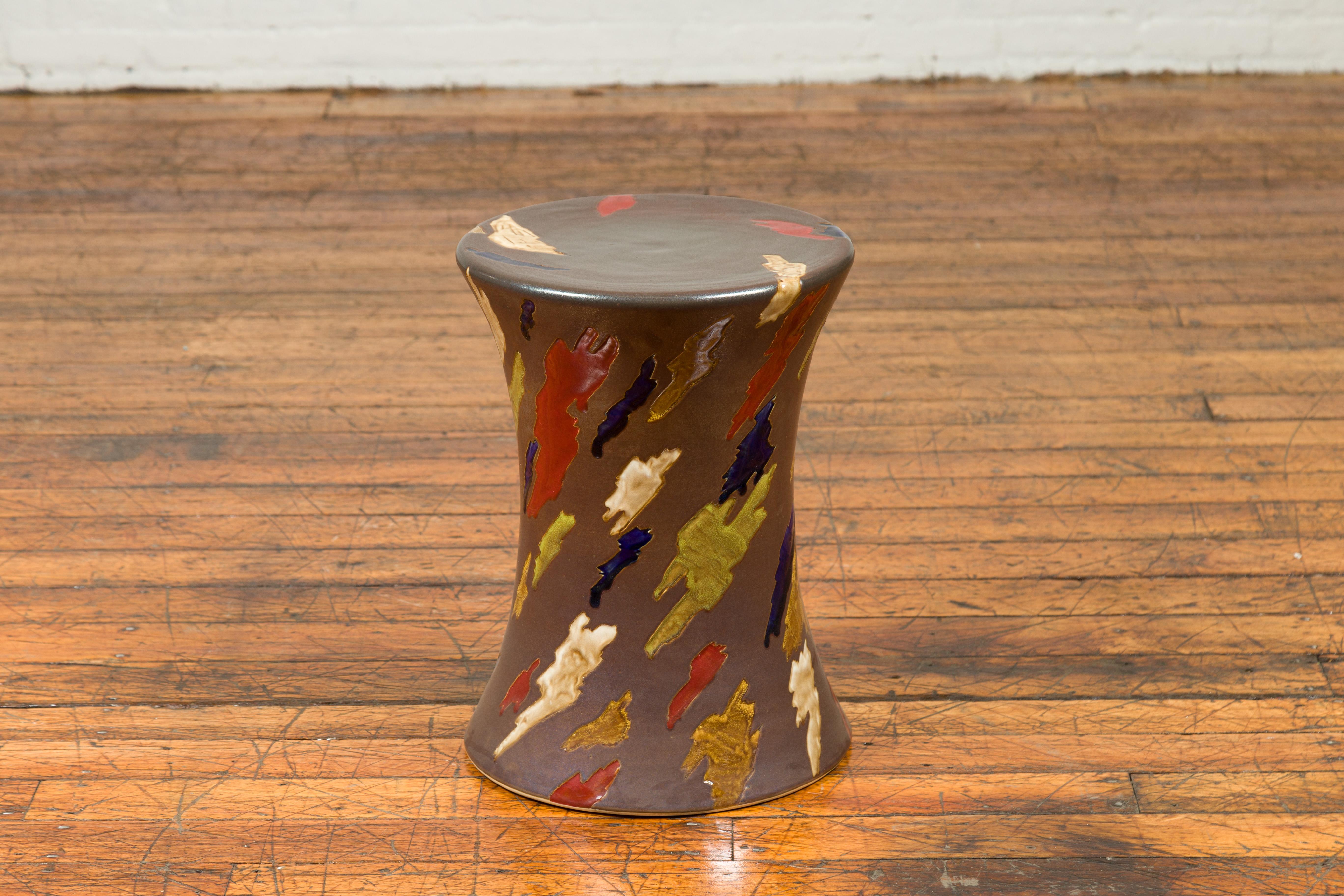 Chinese Artisan Glazed and Hand Painted Hourglass Garden Seat with Polychrome Accents For Sale