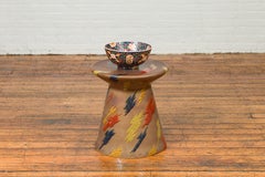 Artisan Handcrafted Glazed and Hand Painted Garden Seat with Vibrant Colors