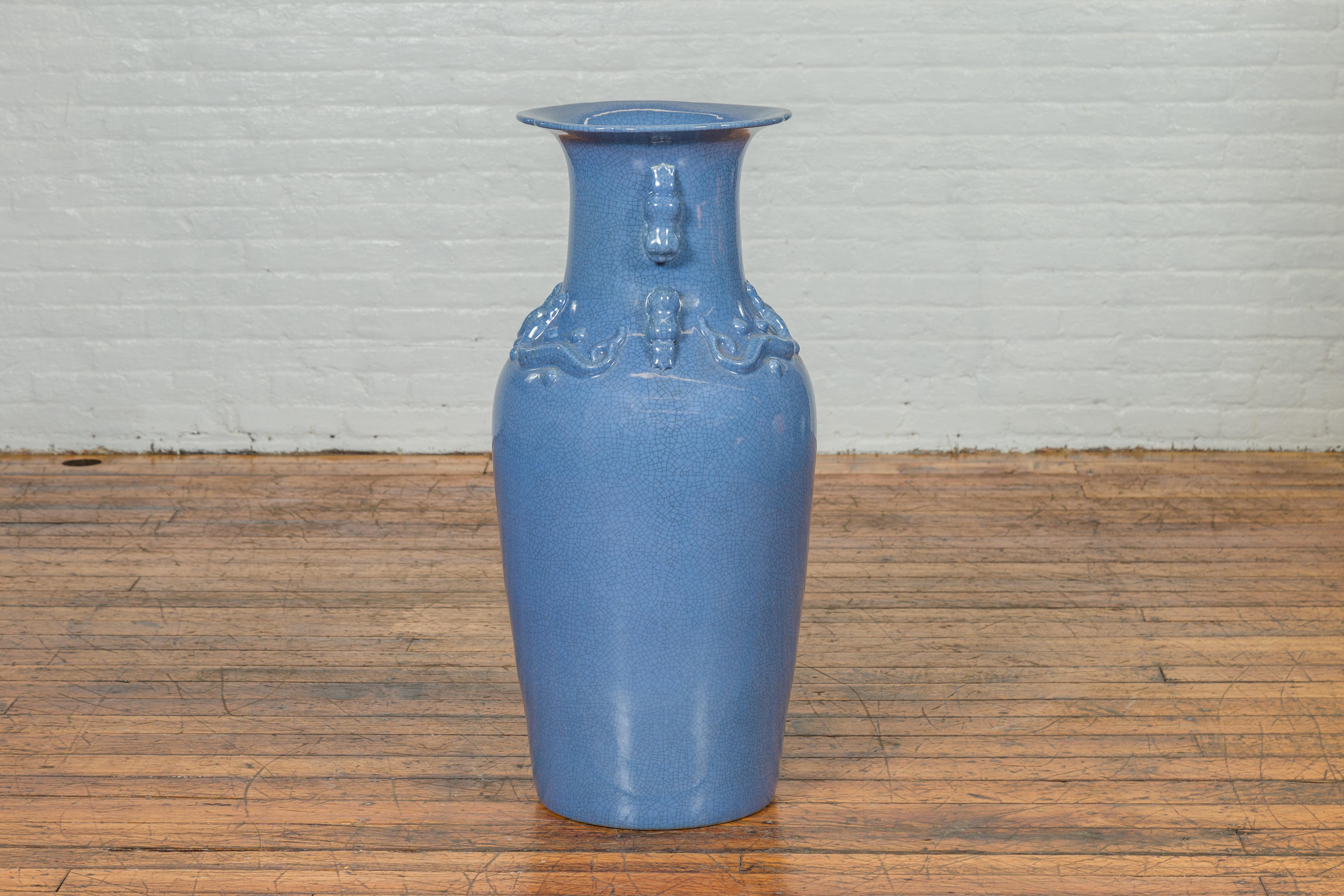 Ceremonial Altar Vase with Crackled Blue Glaze and Decorative Motifs For Sale 2
