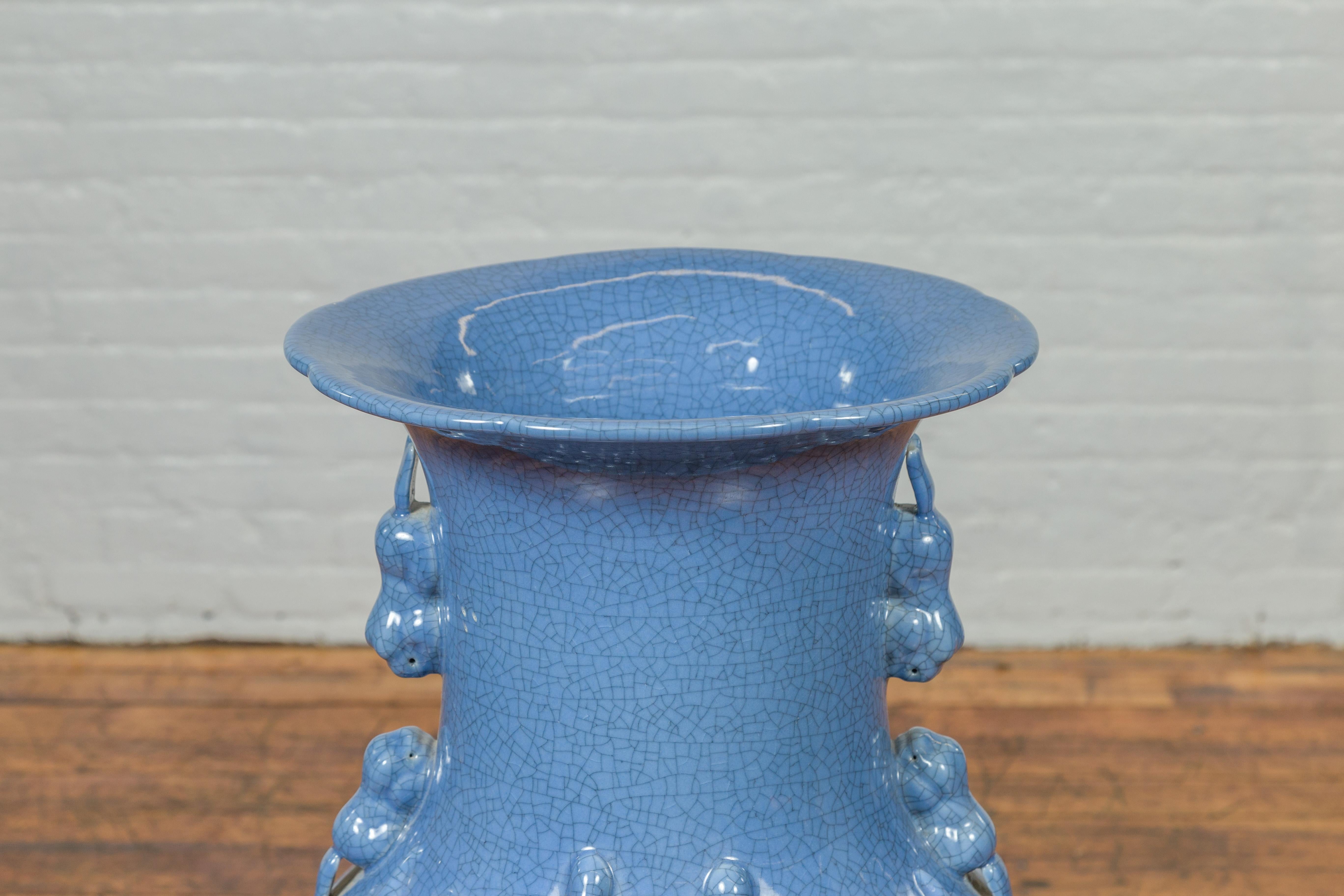 Glazed Ceremonial Altar Vase with Crackled Blue Glaze and Decorative Motifs For Sale