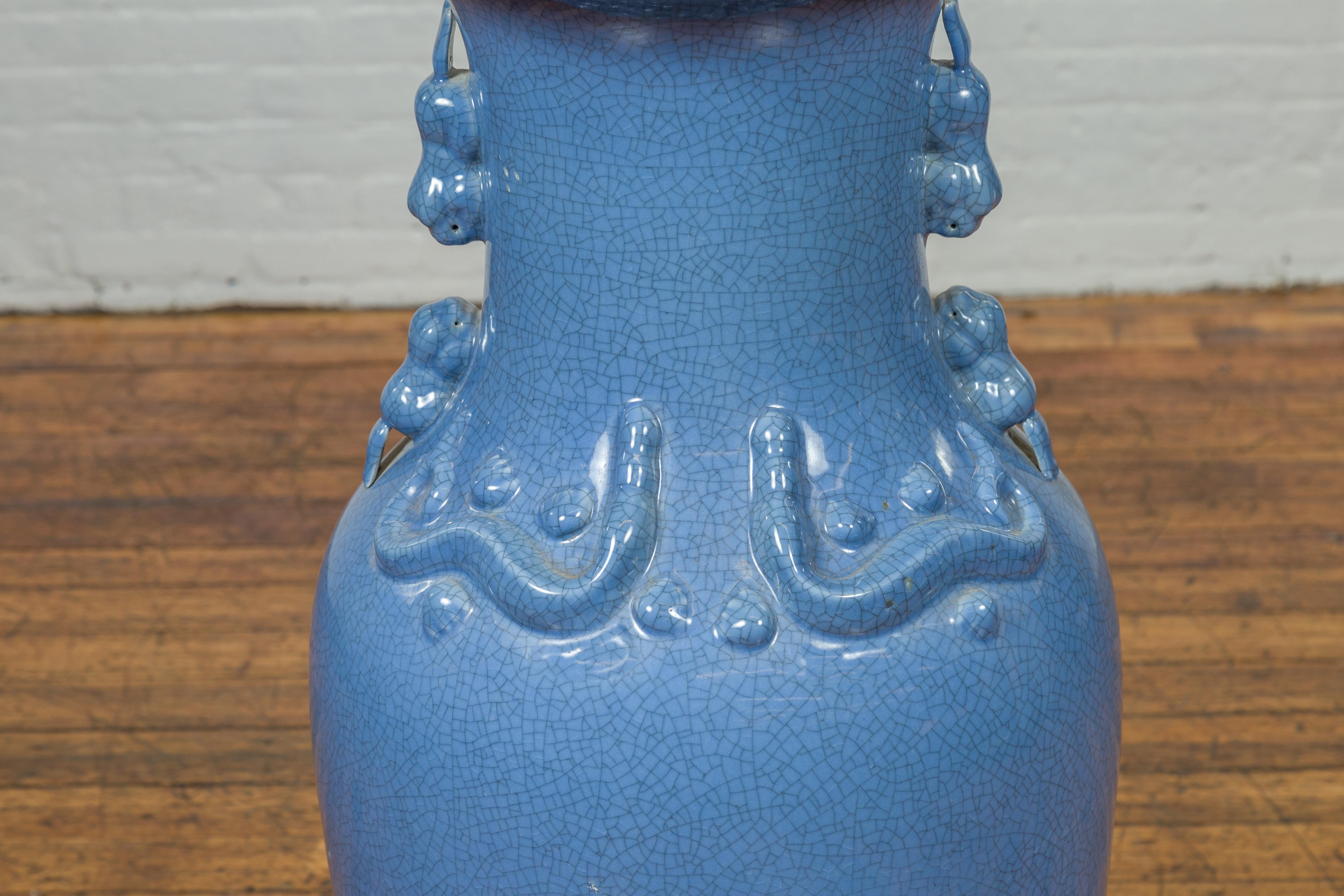 Ceremonial Altar Vase with Crackled Blue Glaze and Decorative Motifs In Good Condition For Sale In Yonkers, NY