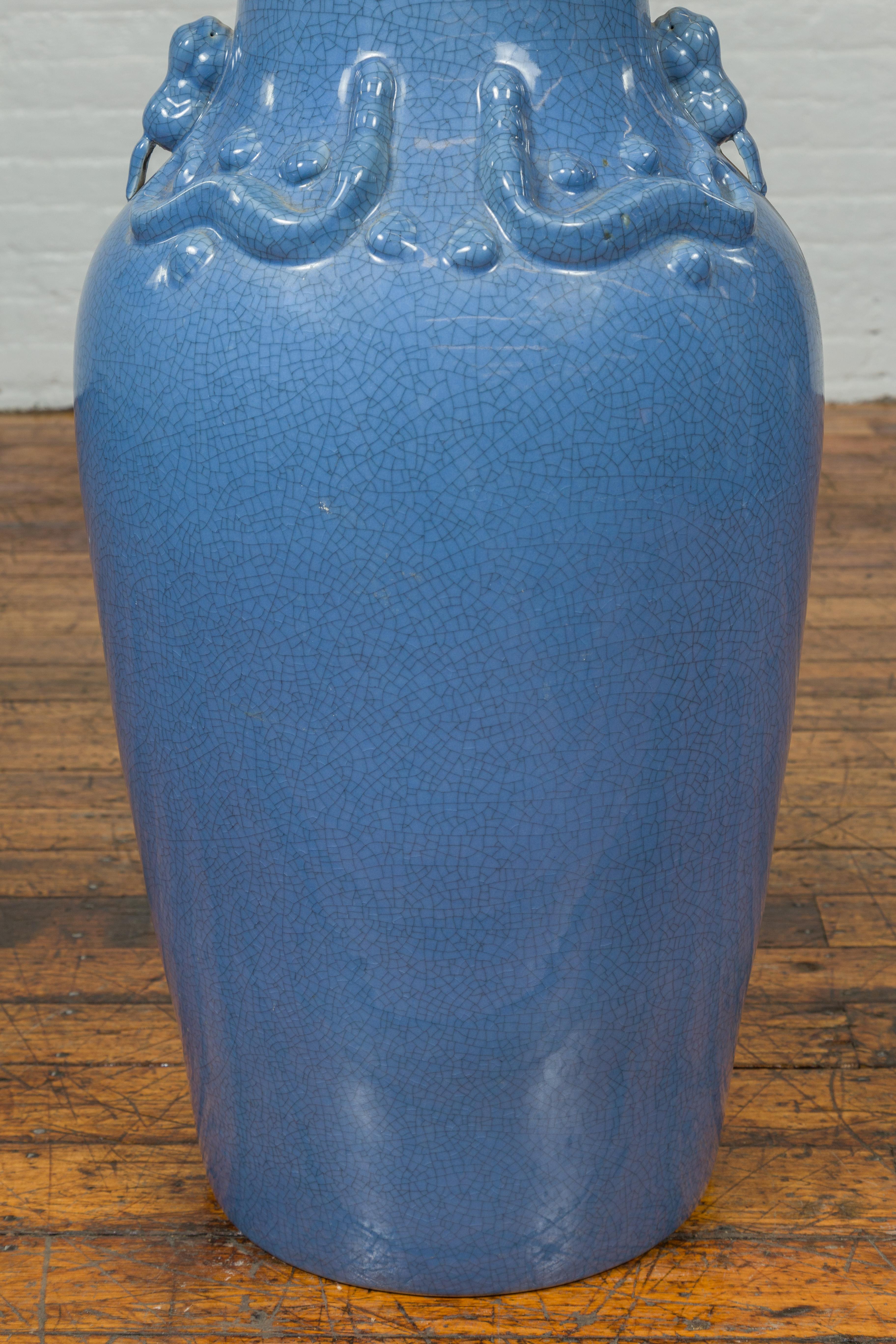 Contemporary Ceremonial Altar Vase with Crackled Blue Glaze and Decorative Motifs For Sale