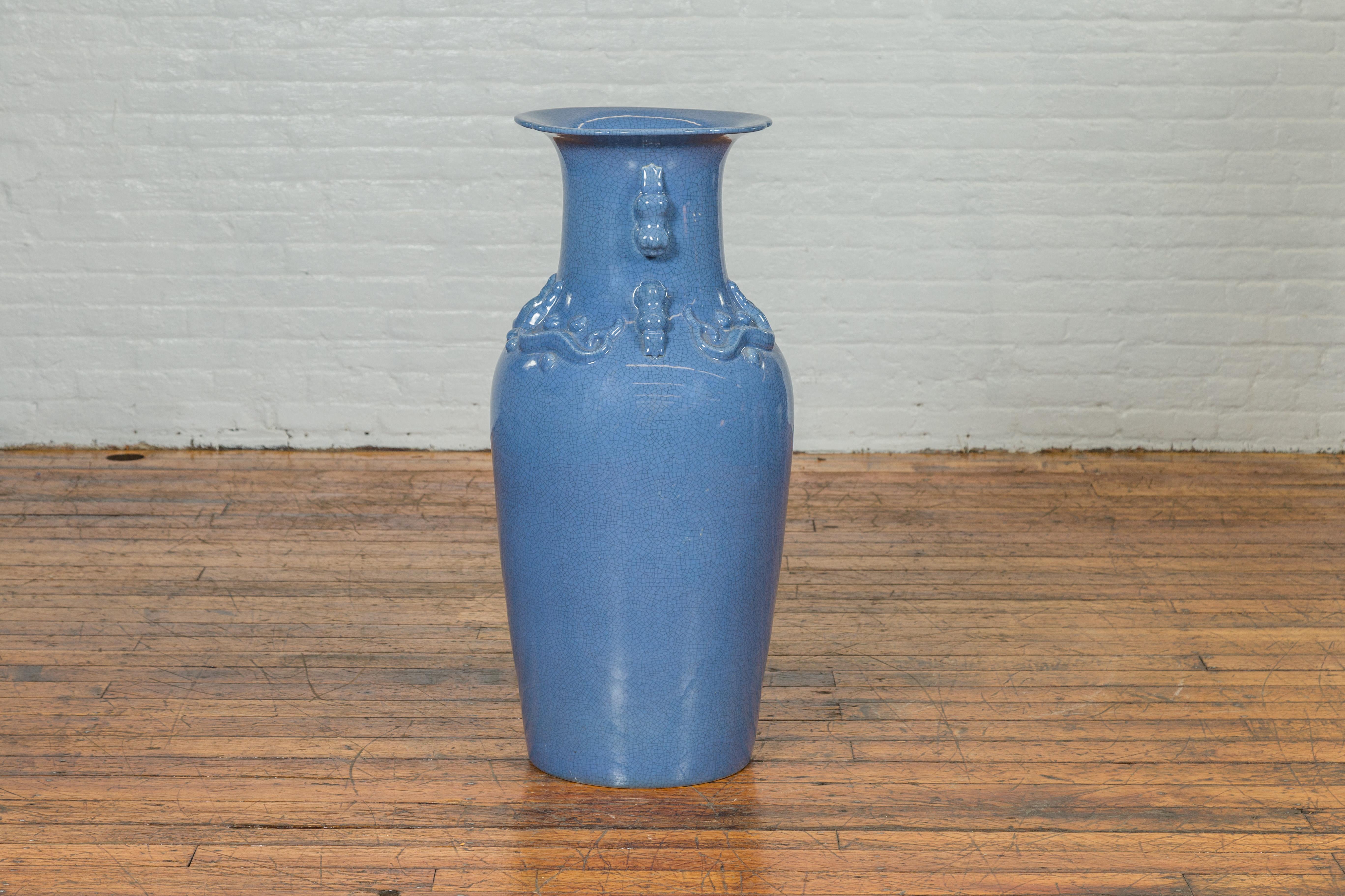 Ceramic Ceremonial Altar Vase with Crackled Blue Glaze and Decorative Motifs For Sale