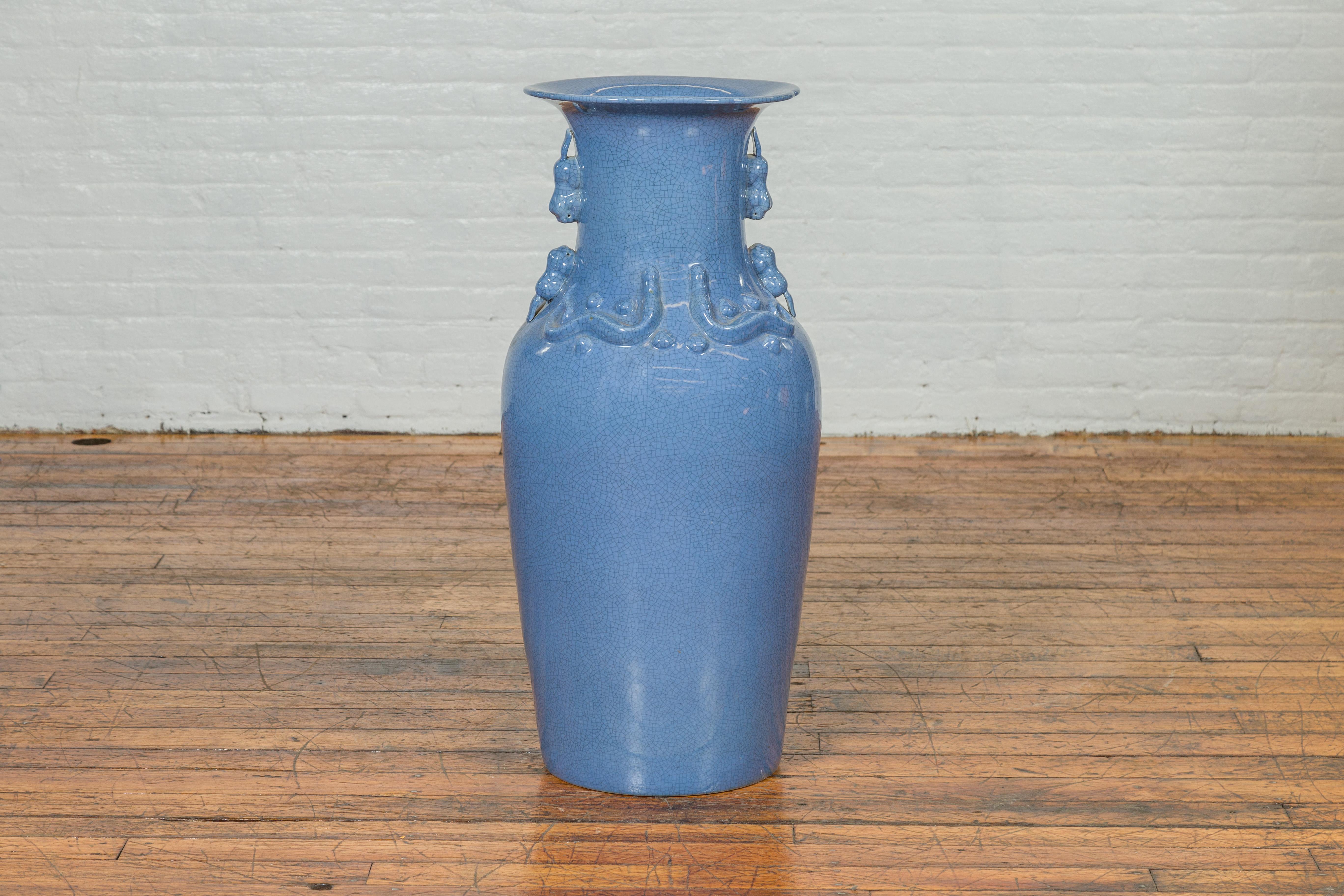 Ceremonial Altar Vase with Crackled Blue Glaze and Decorative Motifs For Sale 1
