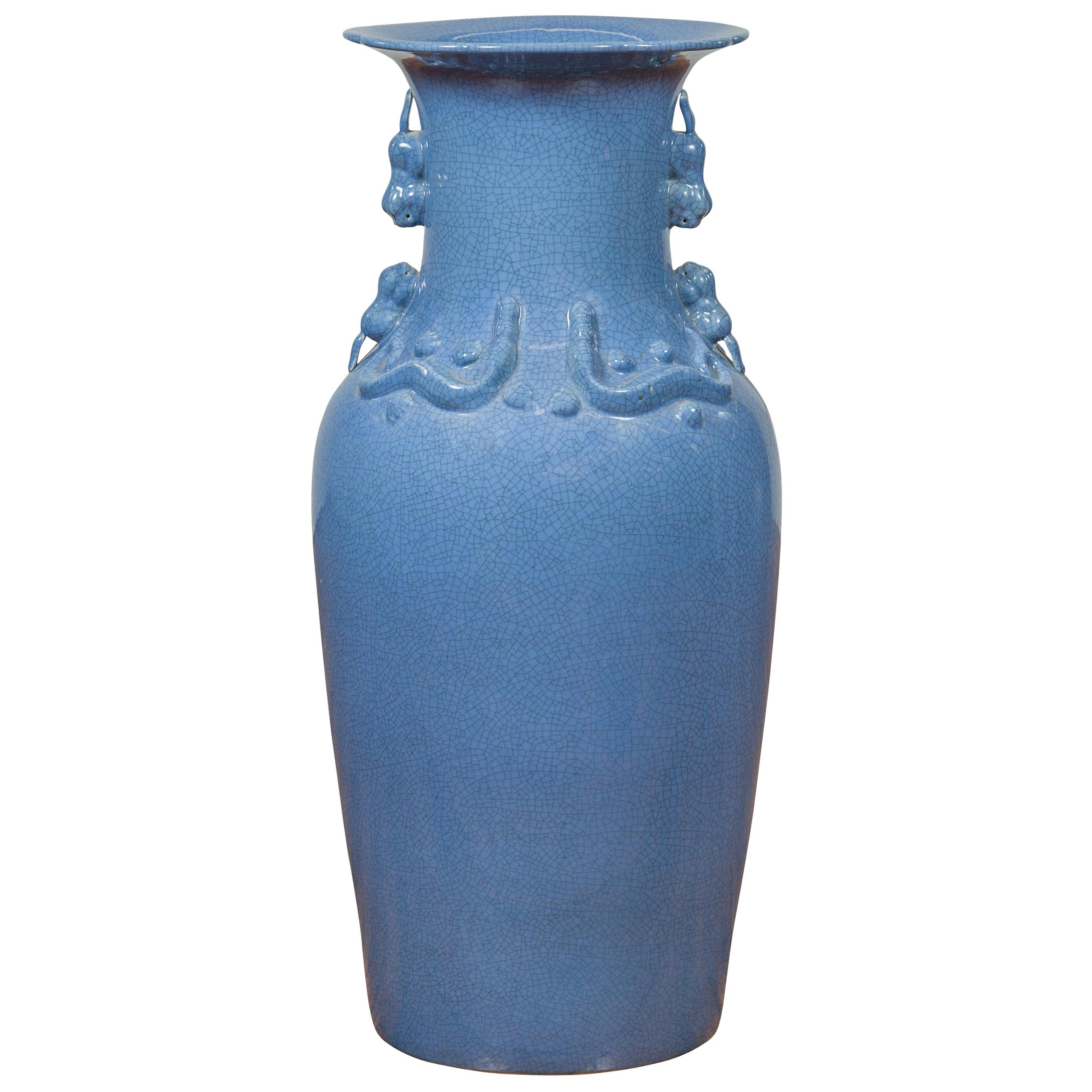 Chinese Contemporary Ceremonial Altar Vase with Crackled Blue Patina