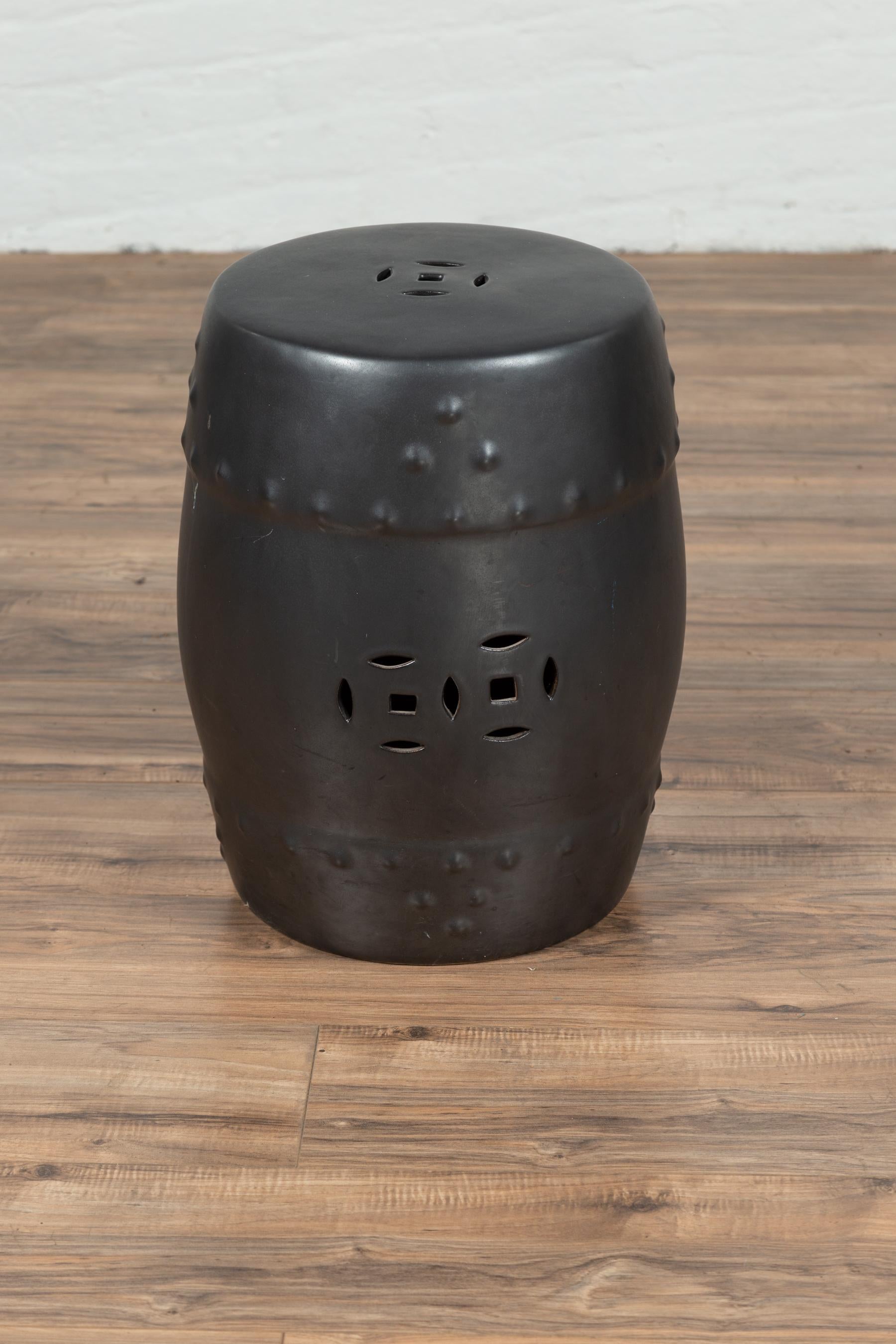 Chinese Contemporary Cobalt Grey Garden Stool with Pierced and Raised Motifs 6