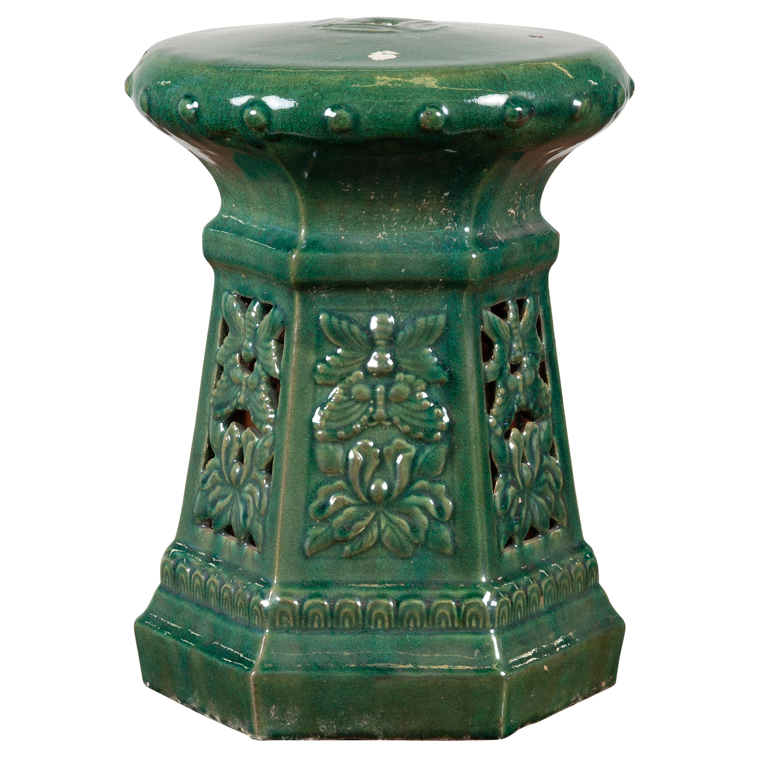 Chinese Contemporary Green Glazed Garden Seat with Floral and Butterfly Décor